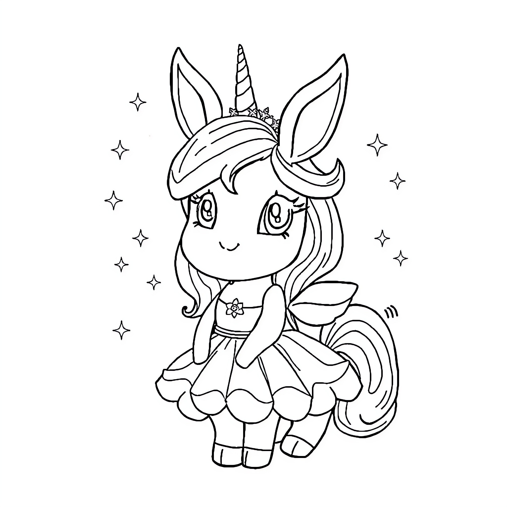 Bunny Unicorn posing playfully with sparkles Coloring Page (free black-and-white line drawing printable PDF for all, from beginners to advanced learners, including children, teens, adults, and seniors)
