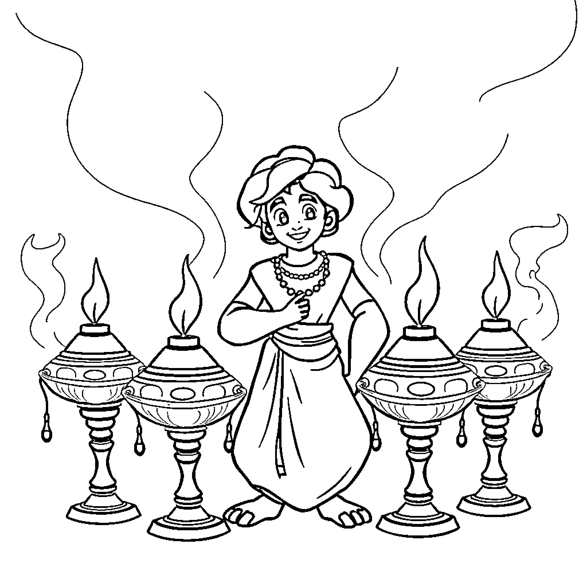 Aladdin's Genie-like Figure Granting Wishes with Lamps Coloring Page (free black-and-white line drawing printable PDF for all, from beginners to advanced learners, including children, teens, adults, and seniors)