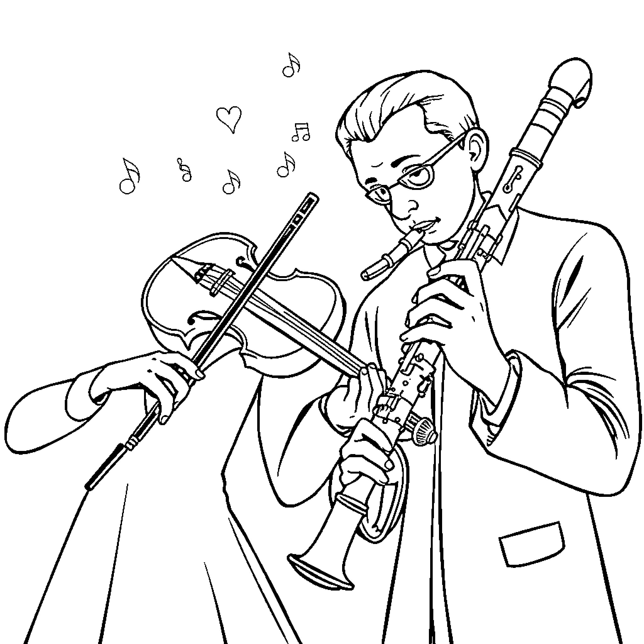 Violin player performing with passion Coloring Page (free black-and-white line drawing printable PDF for all, from beginners to advanced learners, including children, teens, adults, and seniors)