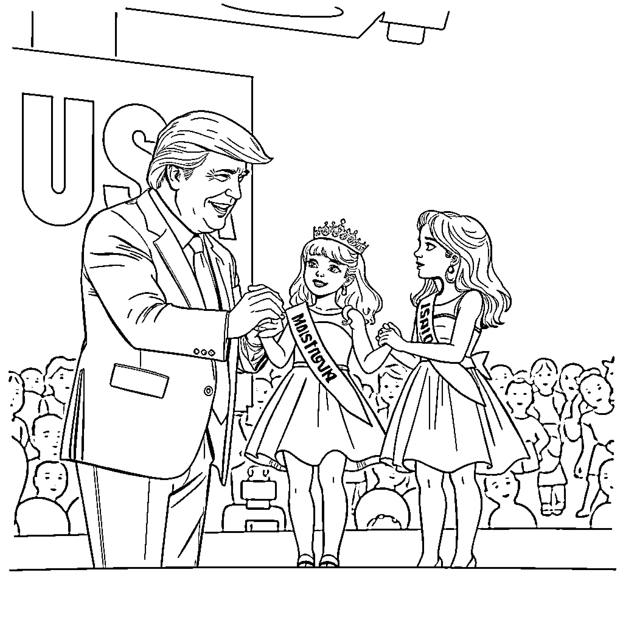 Trump shaking hands with Miss Universe contestants Coloring Page (free black-and-white line drawing printable PDF for all, from beginners to advanced learners, including children, teens, adults, and seniors)