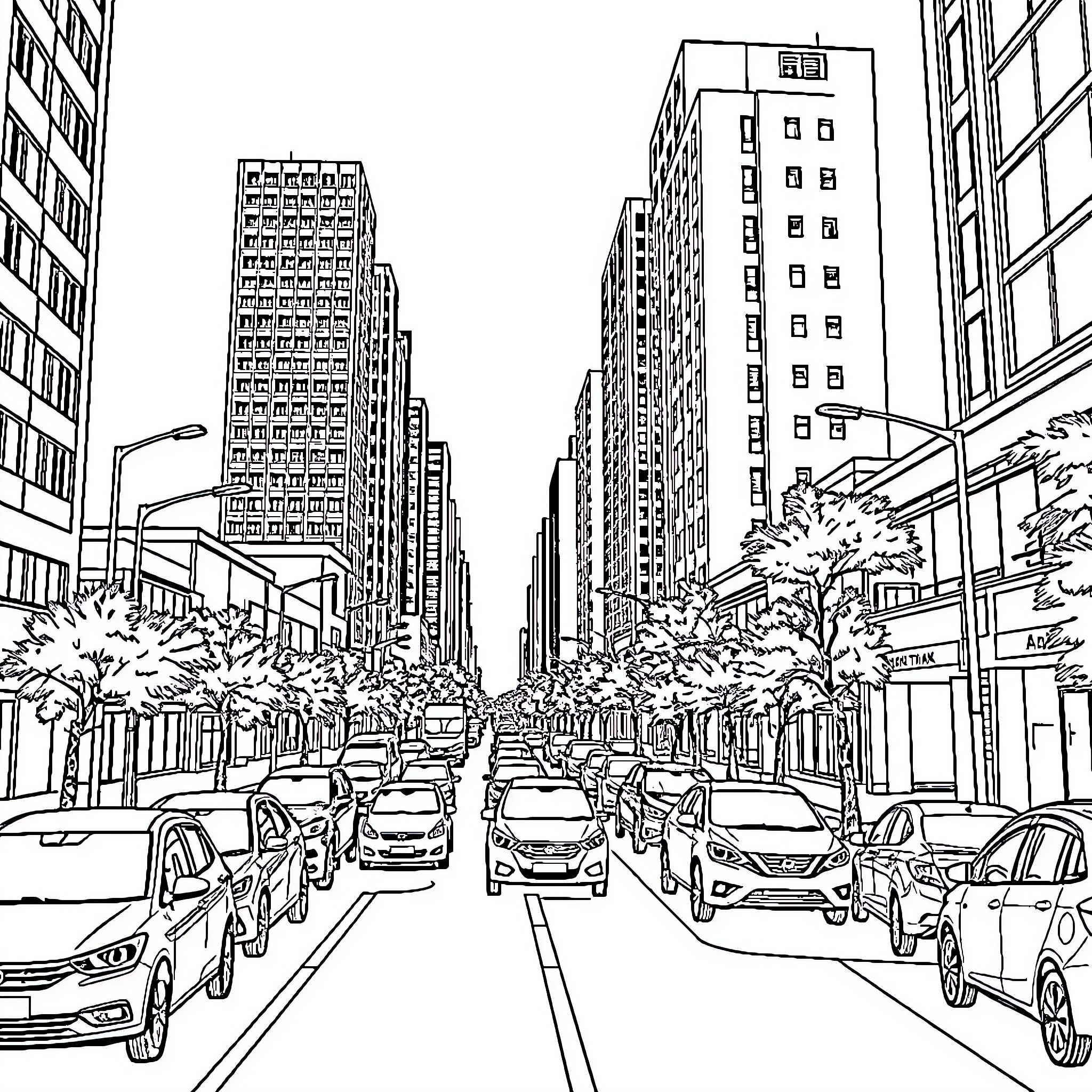 Dhaka cityscape with busy street and towering buildings Coloring Page (free black-and-white line drawing printable PDF for all, from beginners to advanced learners, including children, teens, adults, and seniors)