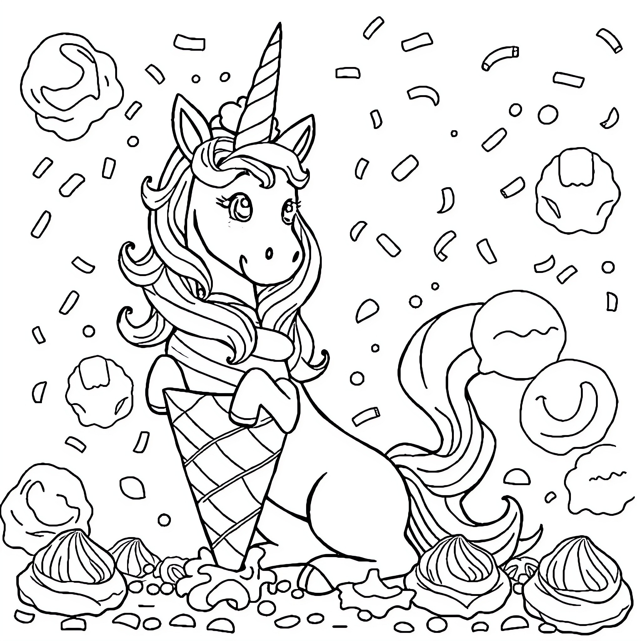 Unicorn enjoying ice cream and confetti in whimsical scene Coloring Page (free black-and-white line drawing printable PDF for all, from beginners to advanced learners, including children, teens, adults, and seniors)