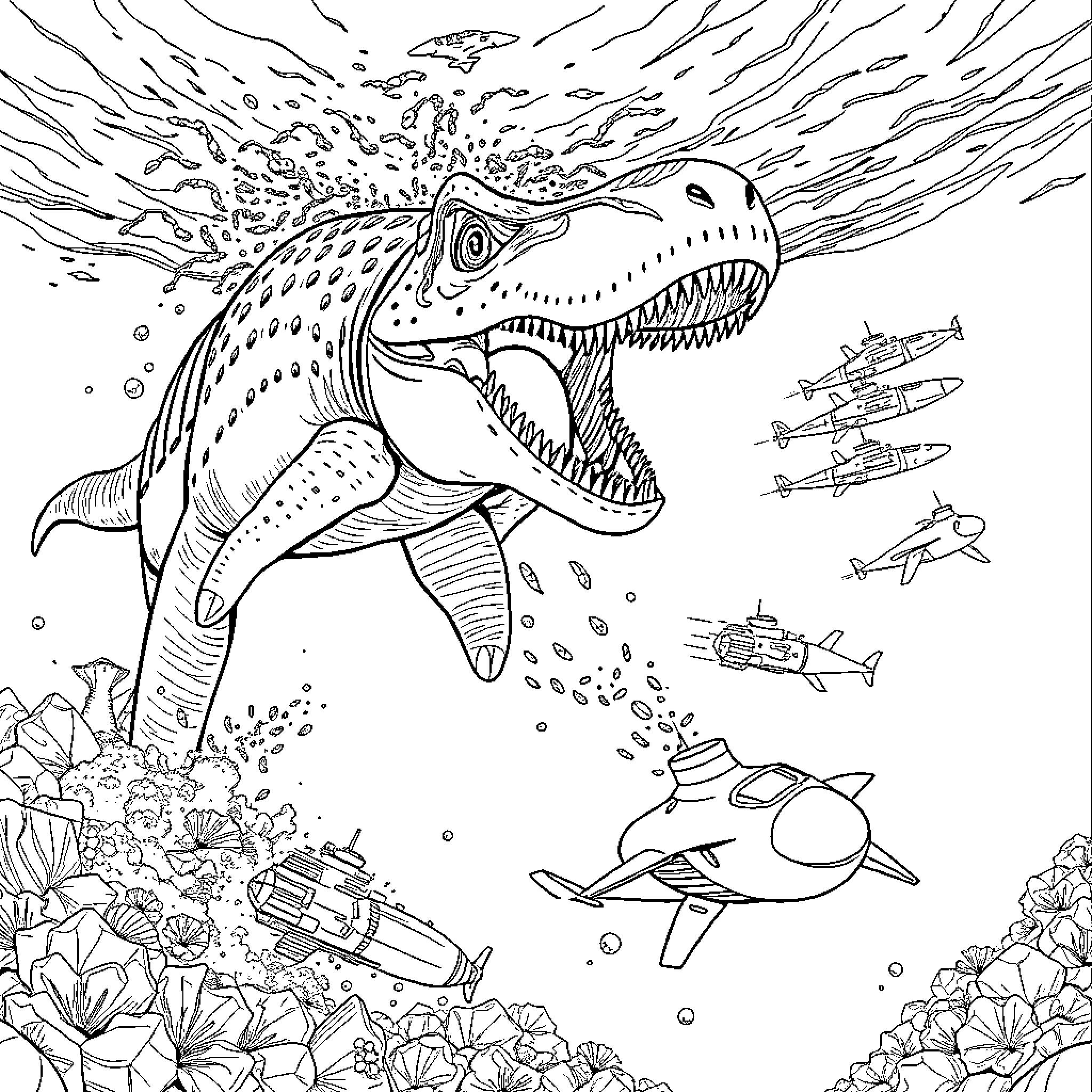 Mosasaurus attacking submersible vehicles in the ocean Coloring Page (free black-and-white line drawing printable PDF for all, from beginners to advanced learners, including children, teens, adults, and seniors)