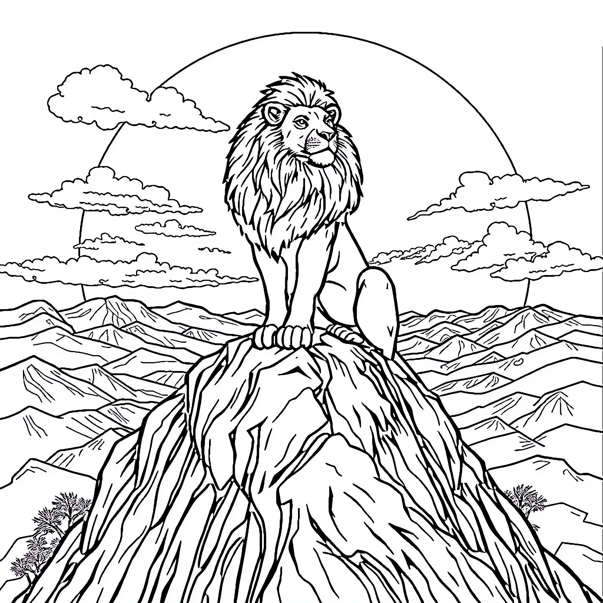 Lion overlooking majestic mountain landscape Coloring Page (free black-and-white line drawing printable PDF for all, from beginners to advanced learners, including children, teens, adults, and seniors)