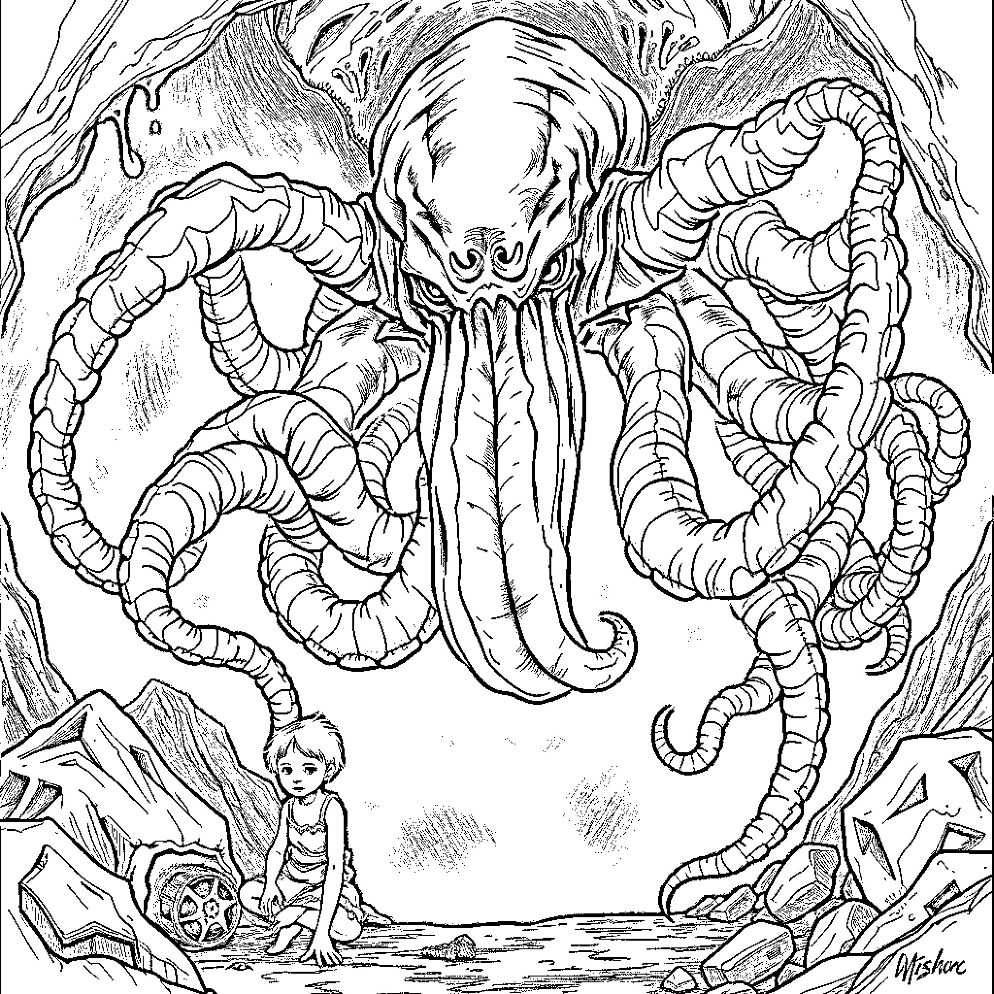 Cthulhu's Terrifying Emergence from the Depths Coloring Page (free black-and-white line drawing printable PDF for all, from beginners to advanced learners, including children, teens, adults, and seniors)