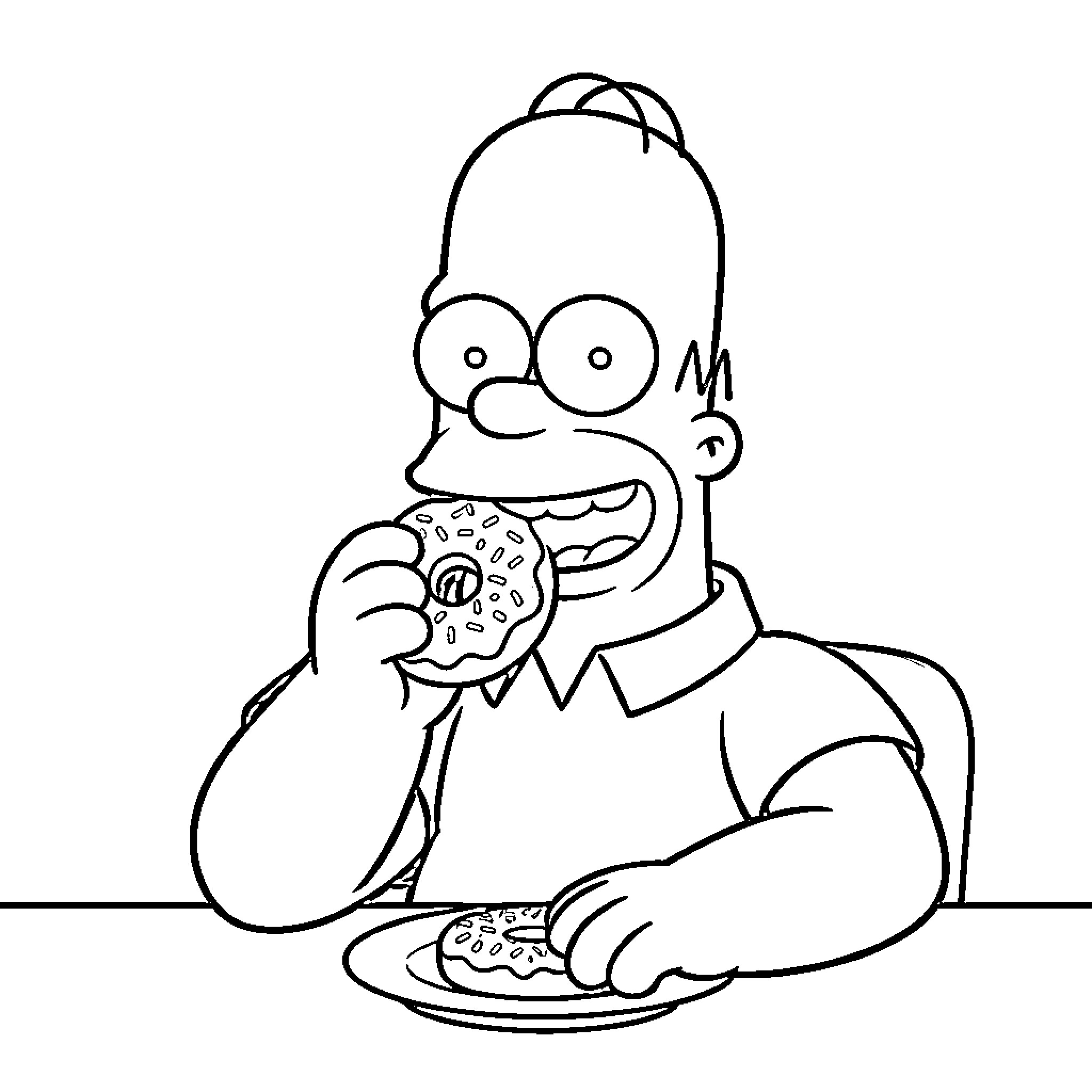 Homer eating a delicious donut at a table Coloring Page (free black-and-white line drawing printable PDF for all, from beginners to advanced learners, including children, teens, adults, and seniors)