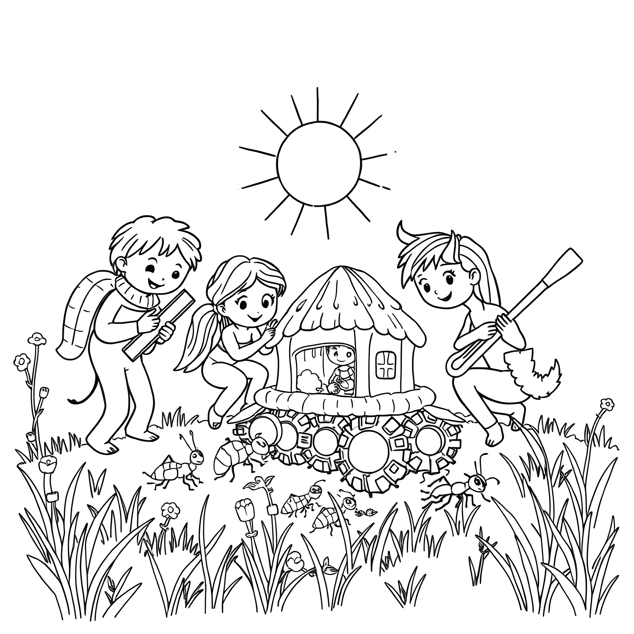 Rainbow Friend Enjoying Outdoor Adventure Coloring Page (free black-and-white line drawing printable PDF for all, from beginners to advanced learners, including children, teens, adults, and seniors)