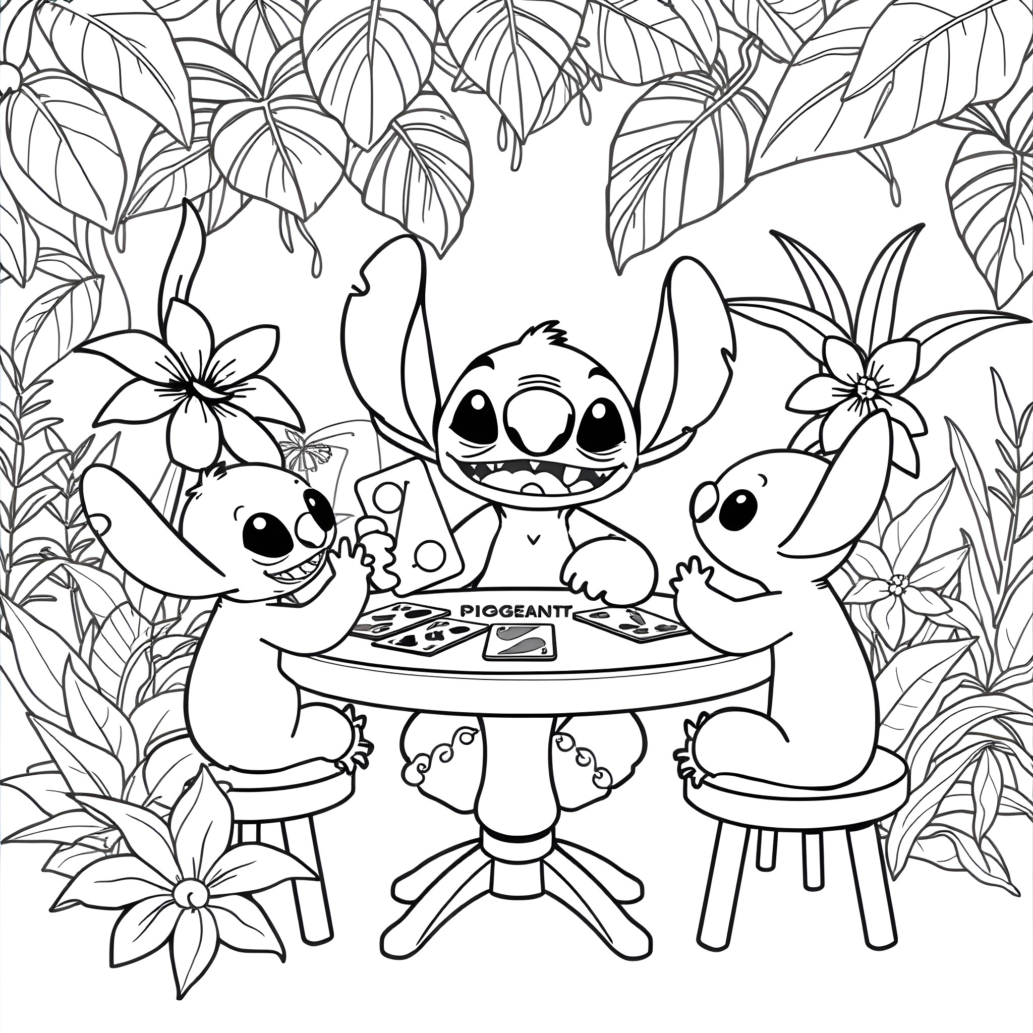 Stitch having a tea party with friends in the jungle Coloring Page (free black-and-white line drawing printable PDF for all, from beginners to advanced learners, including children, teens, adults, and seniors)