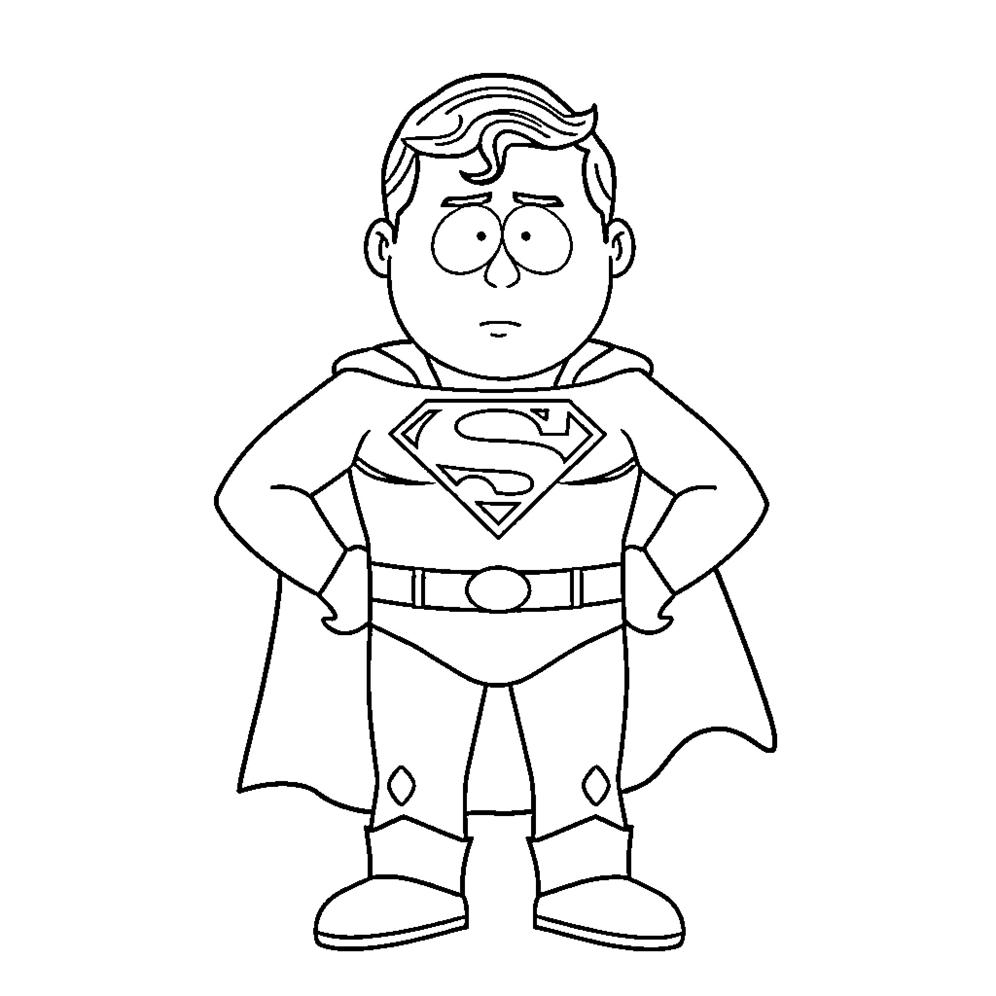 Superman in Cartoon Style with Distinct Outfit Coloring Page (free black-and-white line drawing printable PDF for all, from beginners to advanced learners, including children, teens, adults, and seniors)