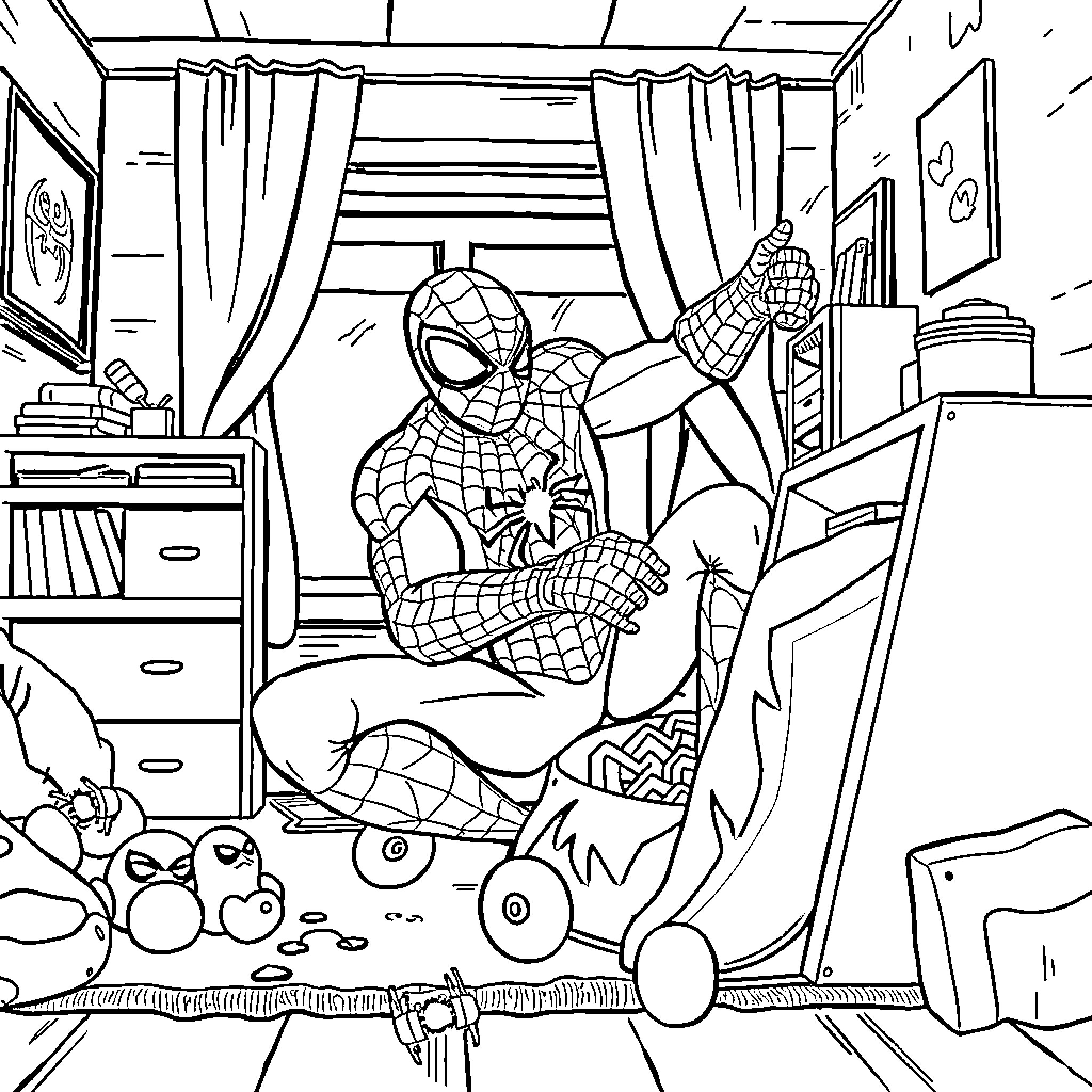 Spiderman relaxing in his messy bedroom Coloring Page (free black-and-white line drawing printable PDF for all, from beginners to advanced learners, including children, teens, adults, and seniors)