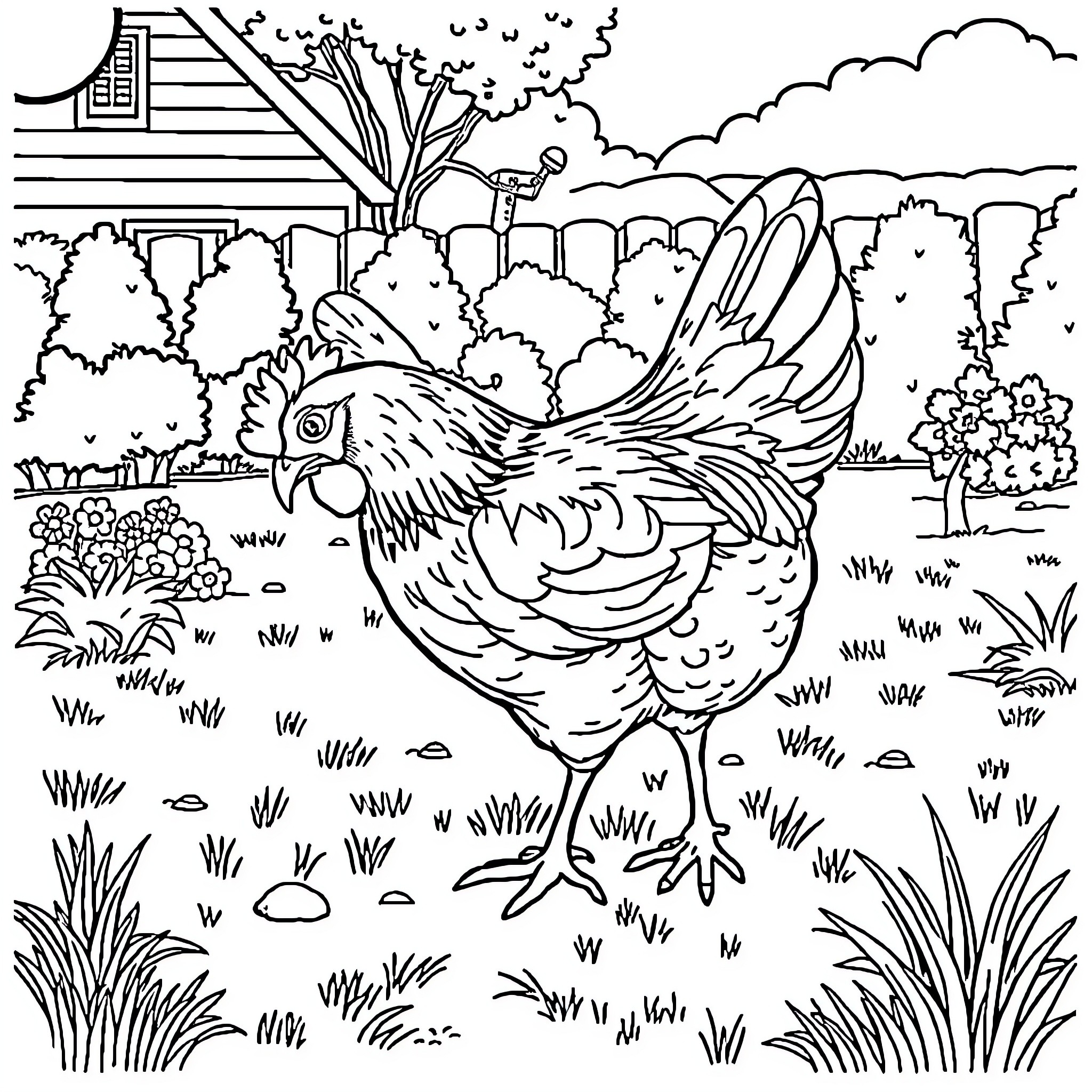 Hen exploring the countryside Coloring Page (free black-and-white line drawing printable PDF for all, from beginners to advanced learners, including children, teens, adults, and seniors)