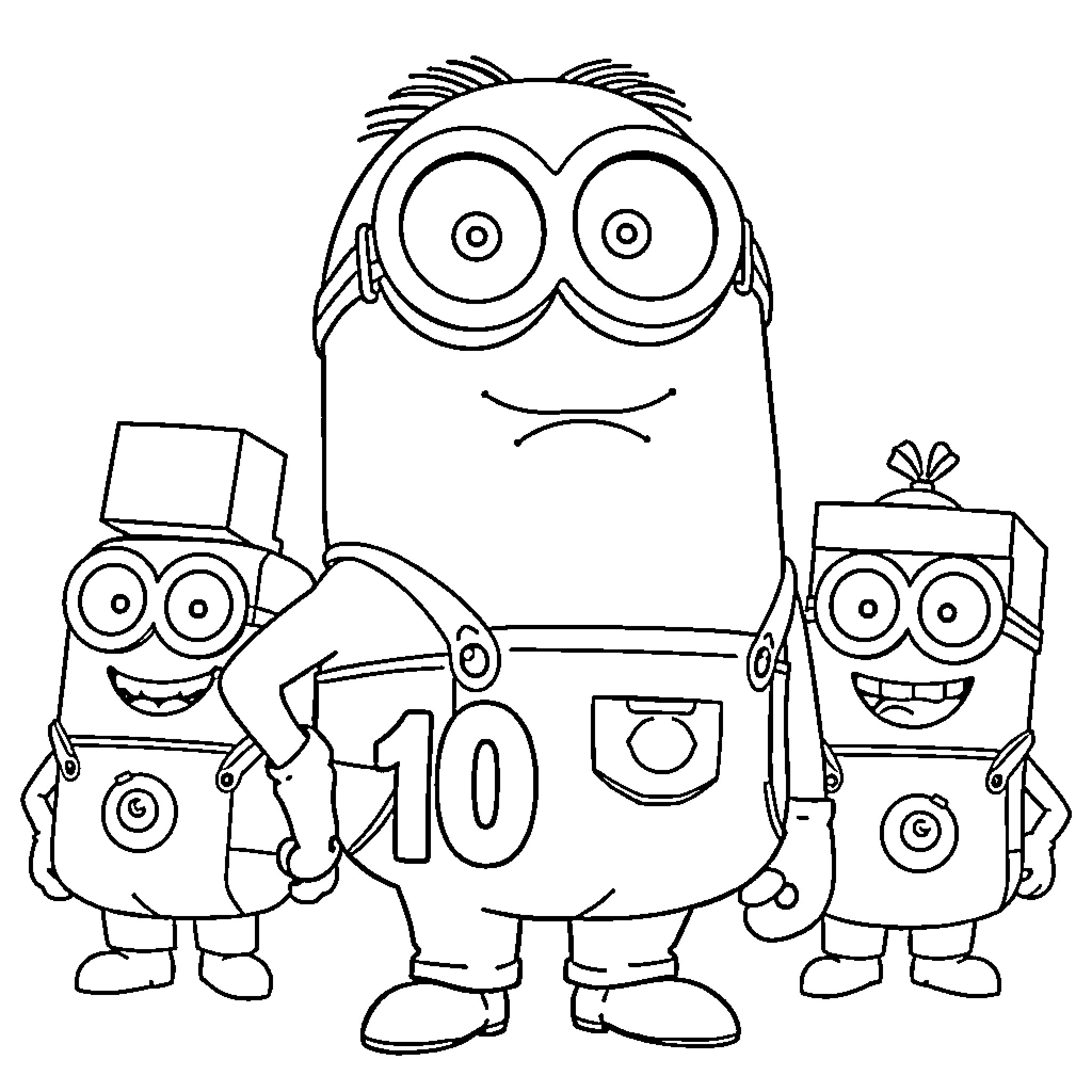 Minions Preparing for a Celebration Coloring Page (free black-and-white line drawing printable PDF for all, from beginners to advanced learners, including children, teens, adults, and seniors)