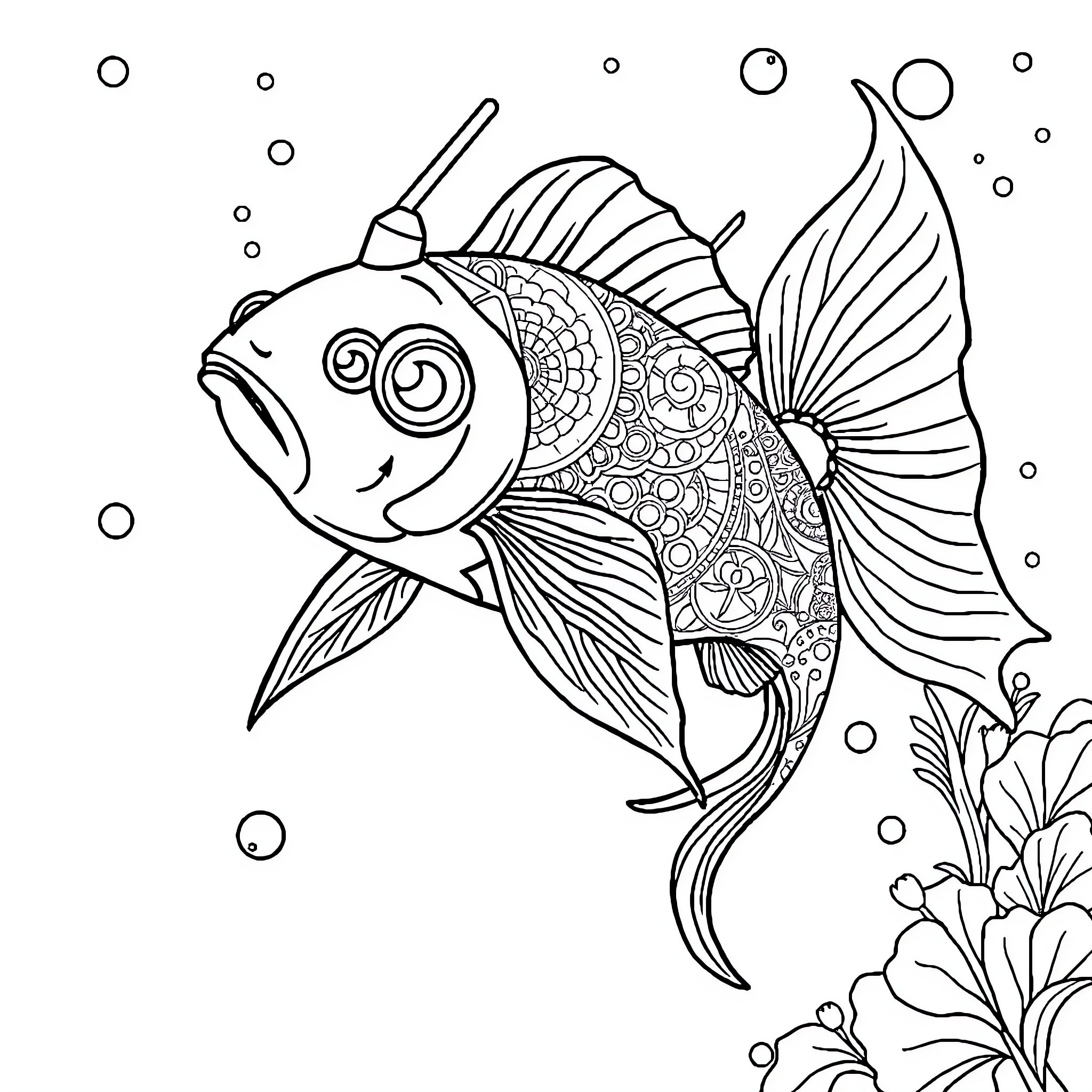 Oni Mask Inspired Ornamental Fish Illustration Coloring Page (free black-and-white line drawing printable PDF for all, from beginners to advanced learners, including children, teens, adults, and seniors)