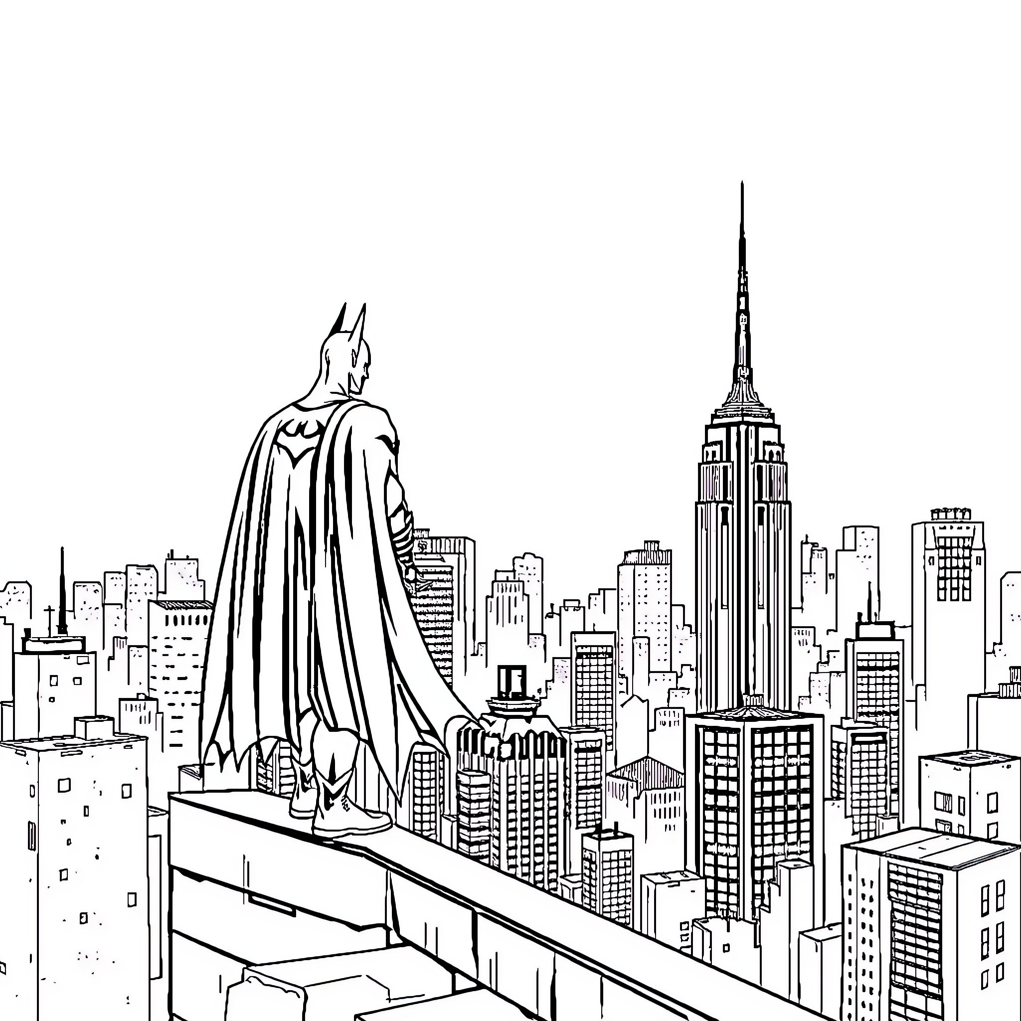 Batman overlooking the city skyline Coloring Page (free black-and-white line drawing printable PDF for all, from beginners to advanced learners, including children, teens, adults, and seniors)