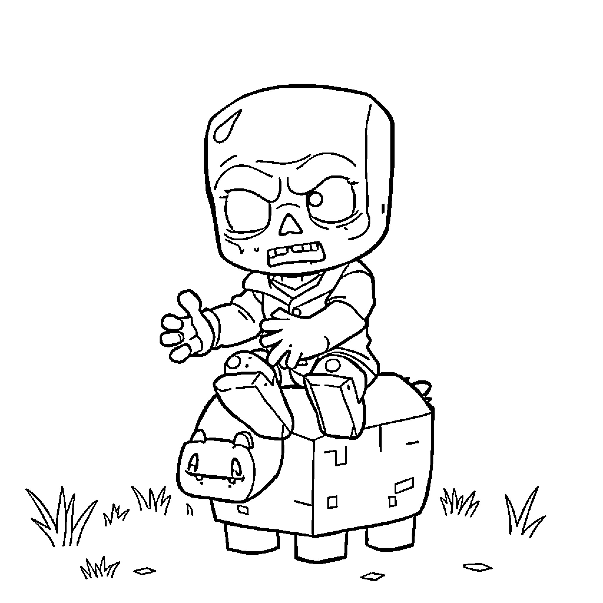 Baby Zombie riding a Zombie Horse Coloring Page (free black-and-white line drawing printable PDF for all, from beginners to advanced learners, including children, teens, adults, and seniors)