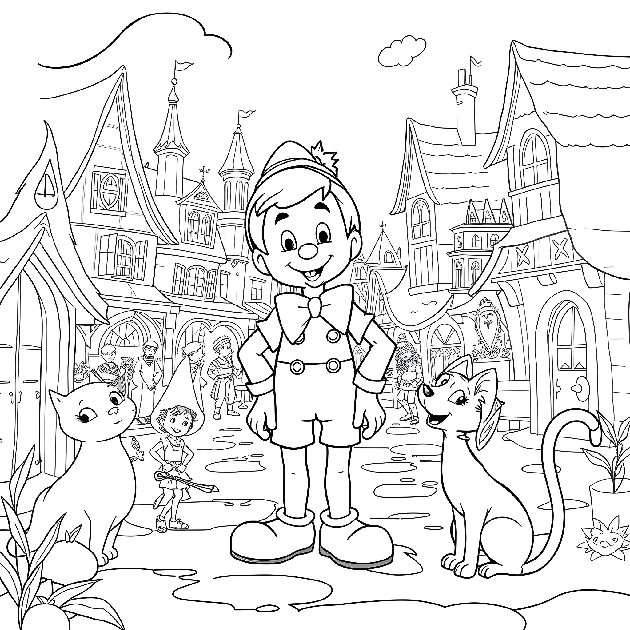 Pinocchio and his friends in a fantastical town Coloring Page (free black-and-white line drawing printable PDF for all, from beginners to advanced learners, including children, teens, adults, and seniors)