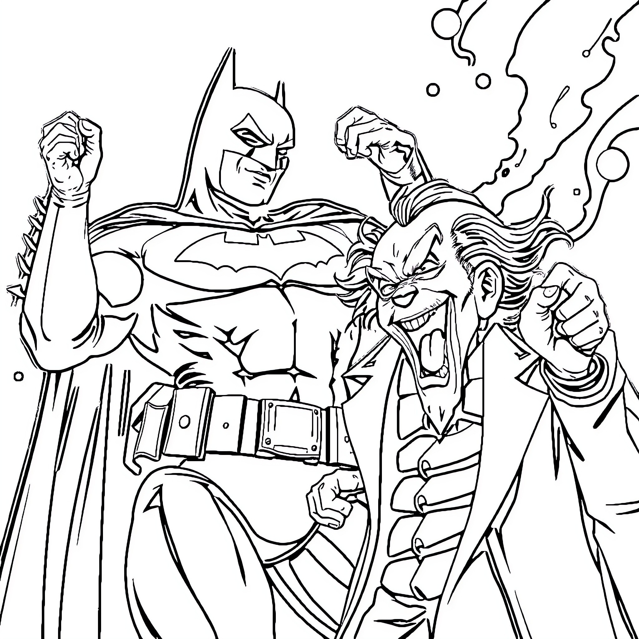 Batman fighting against the Joker in action Coloring Page (free black-and-white line drawing printable PDF for all, from beginners to advanced learners, including children, teens, adults, and seniors)