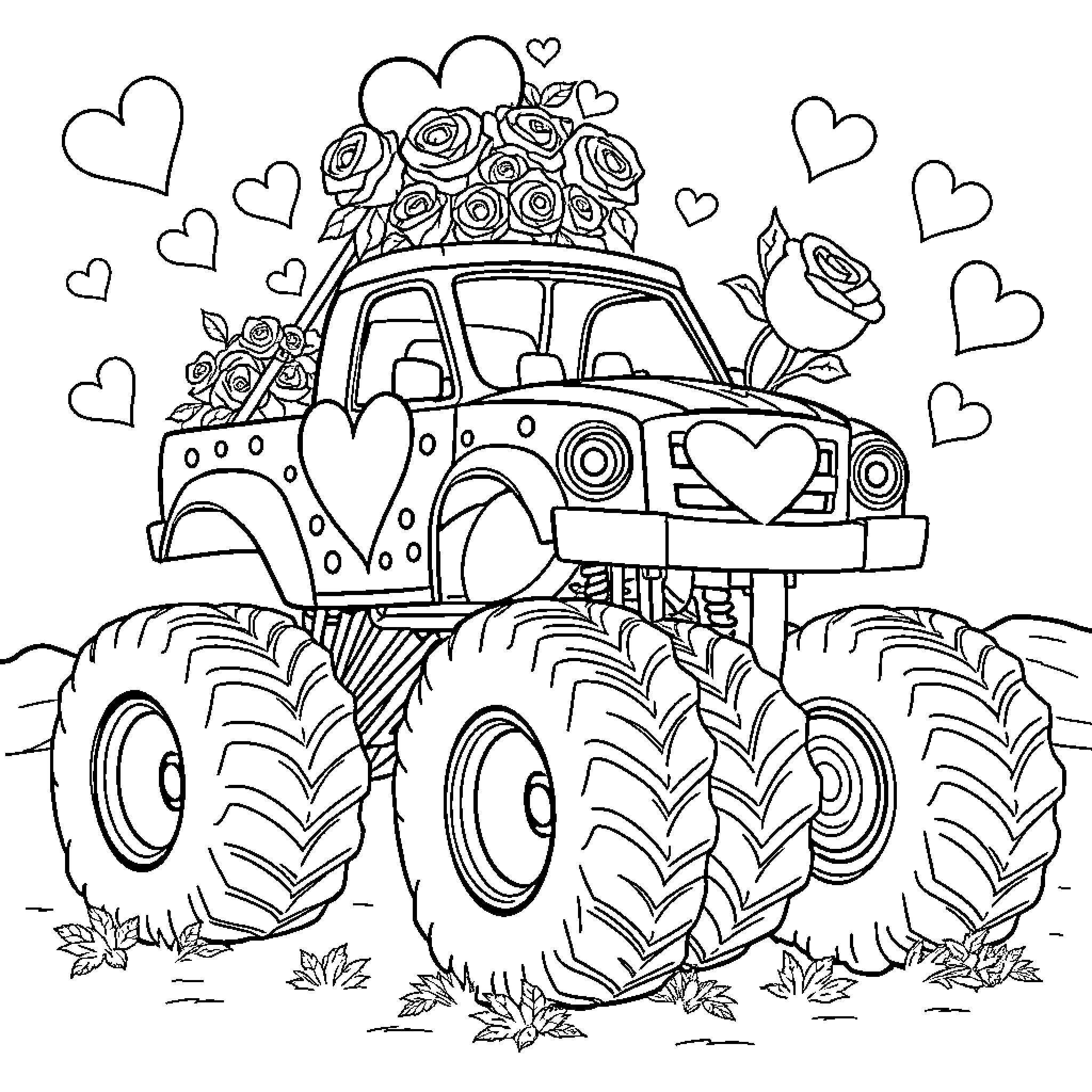 Monster Truck Carrying Roses and Hearts Coloring Page (free black-and-white line drawing printable PDF for all, from beginners to advanced learners, including children, teens, adults, and seniors)