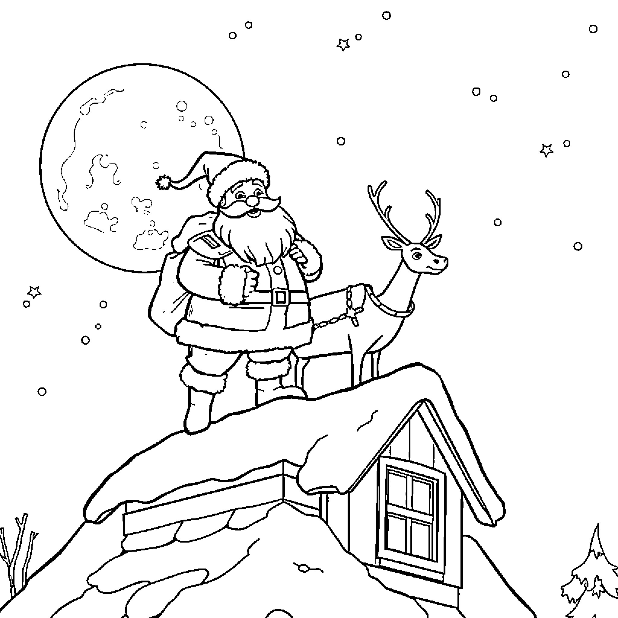 Santa and his reindeer on a snowy winter night Coloring Page (free black-and-white line drawing printable PDF for all, from beginners to advanced learners, including children, teens, adults, and seniors)