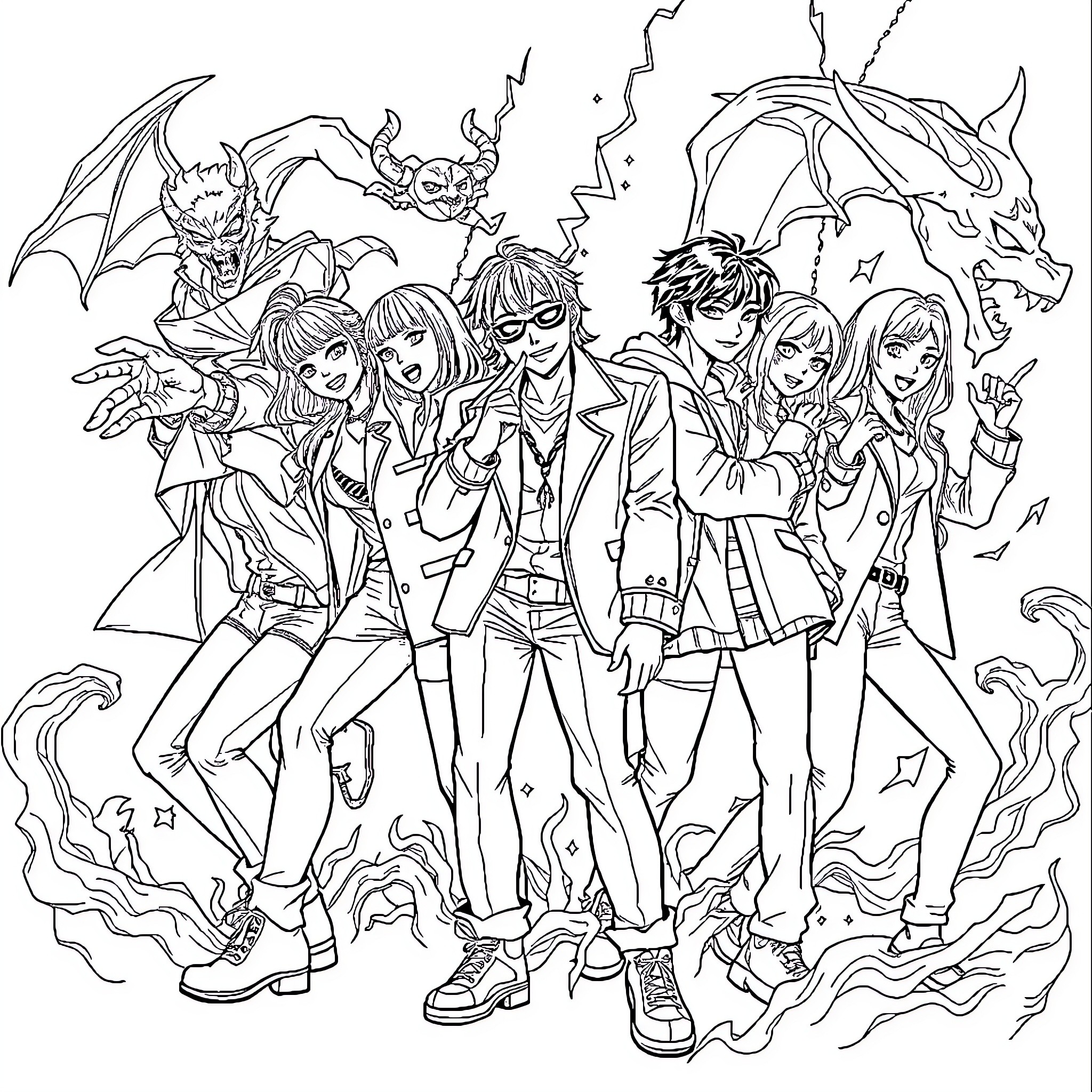 Demon Hunter Teens Face Fearsome Foes in Dramatic Showdown Coloring Page (free black-and-white line drawing printable PDF for all, from beginners to advanced learners, including children, teens, adults, and seniors)