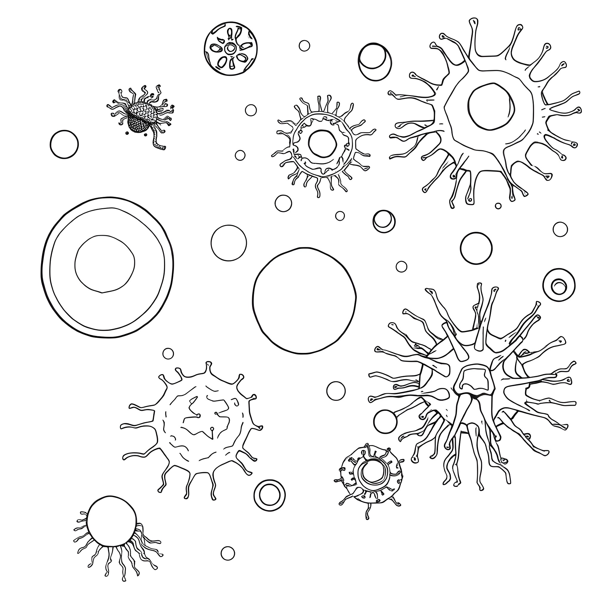 Célula - Various microbiological organisms Coloring Page (free black-and-white line drawing printable PDF for all, from beginners to advanced learners, including children, teens, adults, and seniors)