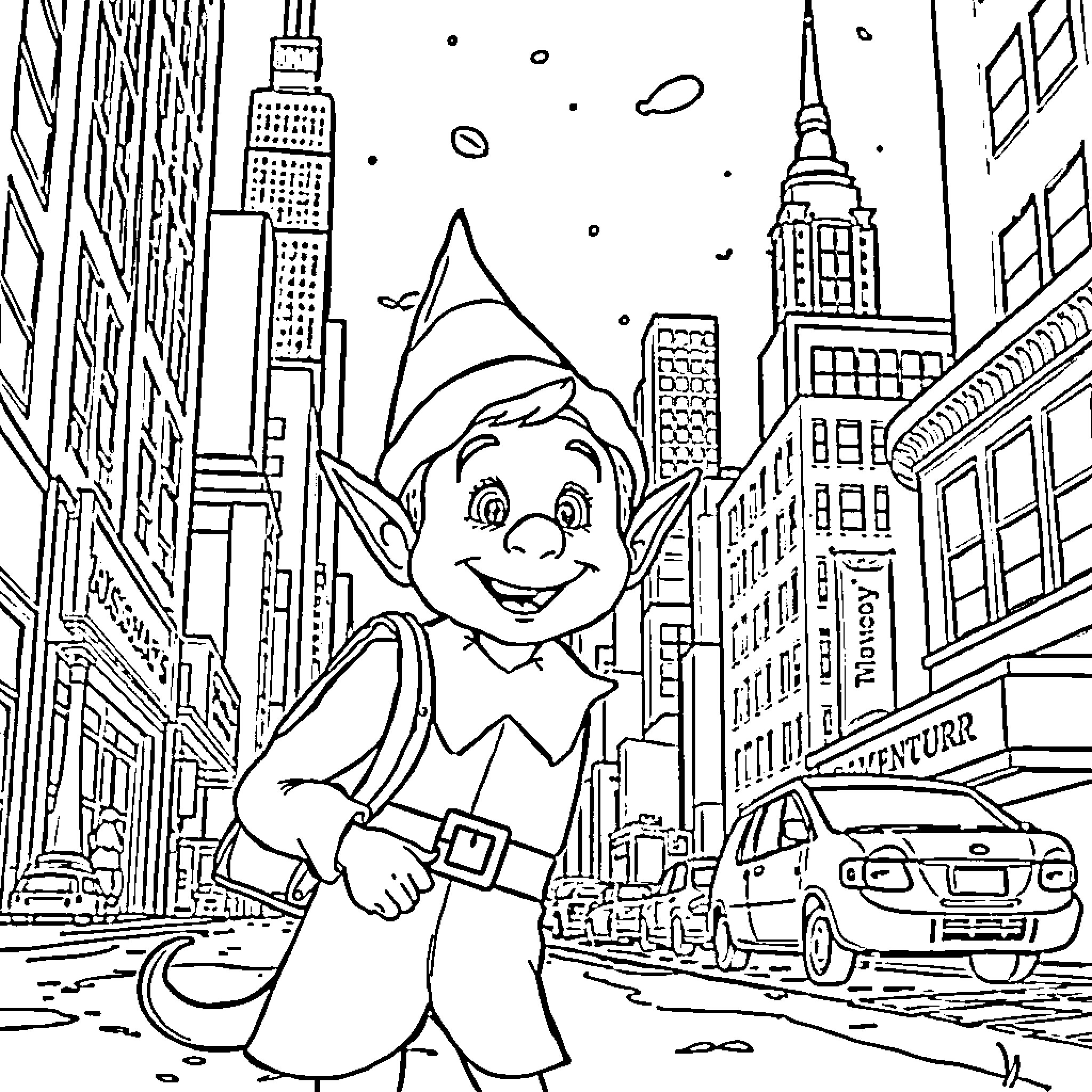 Buddy's Joyful Adventure in the City Coloring Page (free black-and-white line drawing printable PDF for all, from beginners to advanced learners, including children, teens, adults, and seniors)