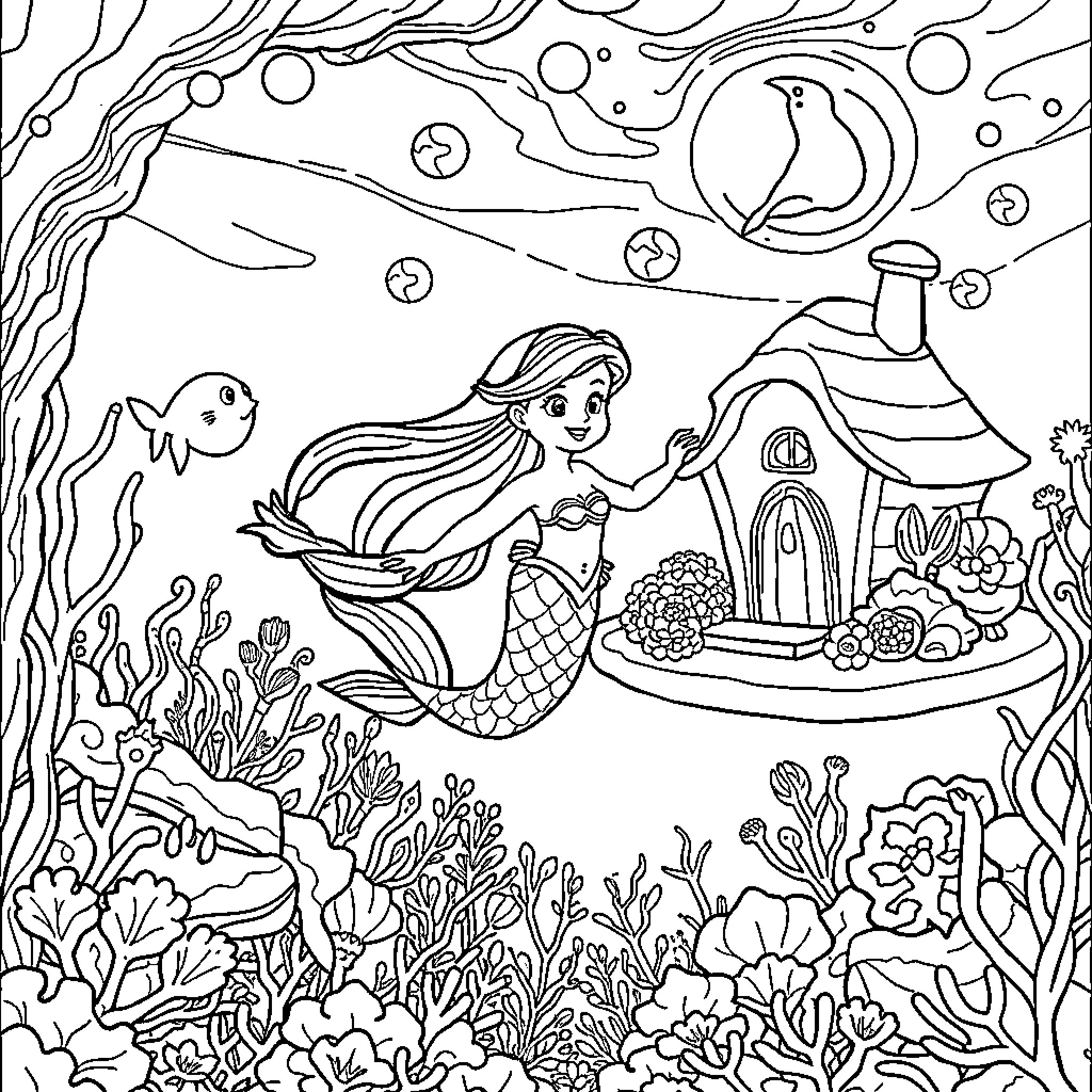 Mermaid swimming happily near an underwater house Coloring Page (free black-and-white line drawing printable PDF for all, from beginners to advanced learners, including children, teens, adults, and seniors)