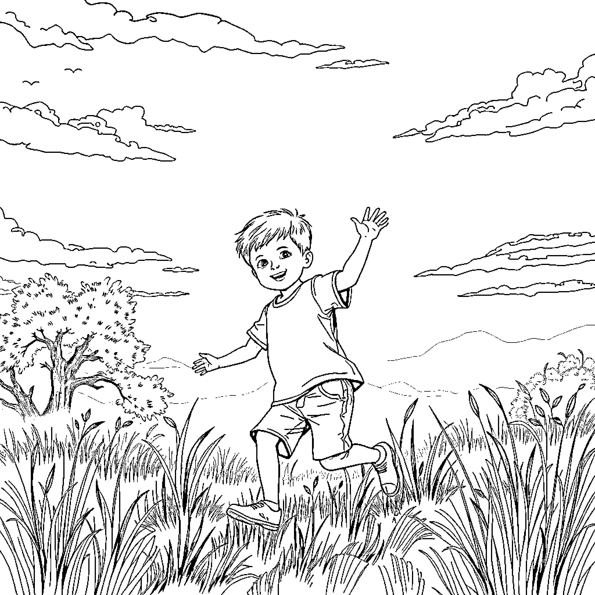 Boy joyfully playing in a grassy field Coloring Page (free black-and-white line drawing printable PDF for all, from beginners to advanced learners, including children, teens, adults, and seniors)