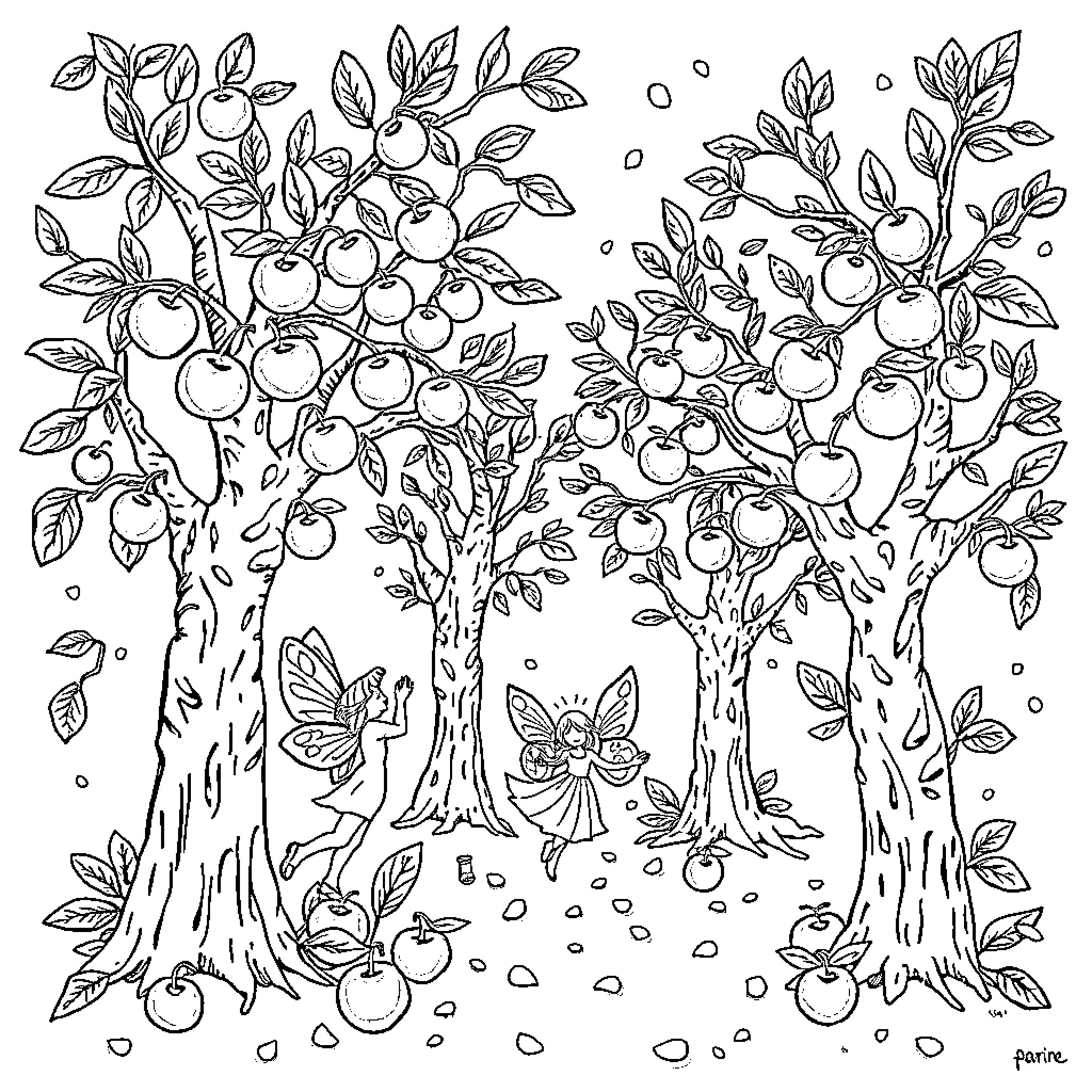 Tree with Magical Creatures and Ripe Fruit Coloring Page (free black-and-white line drawing printable PDF for all, from beginners to advanced learners, including children, teens, adults, and seniors)