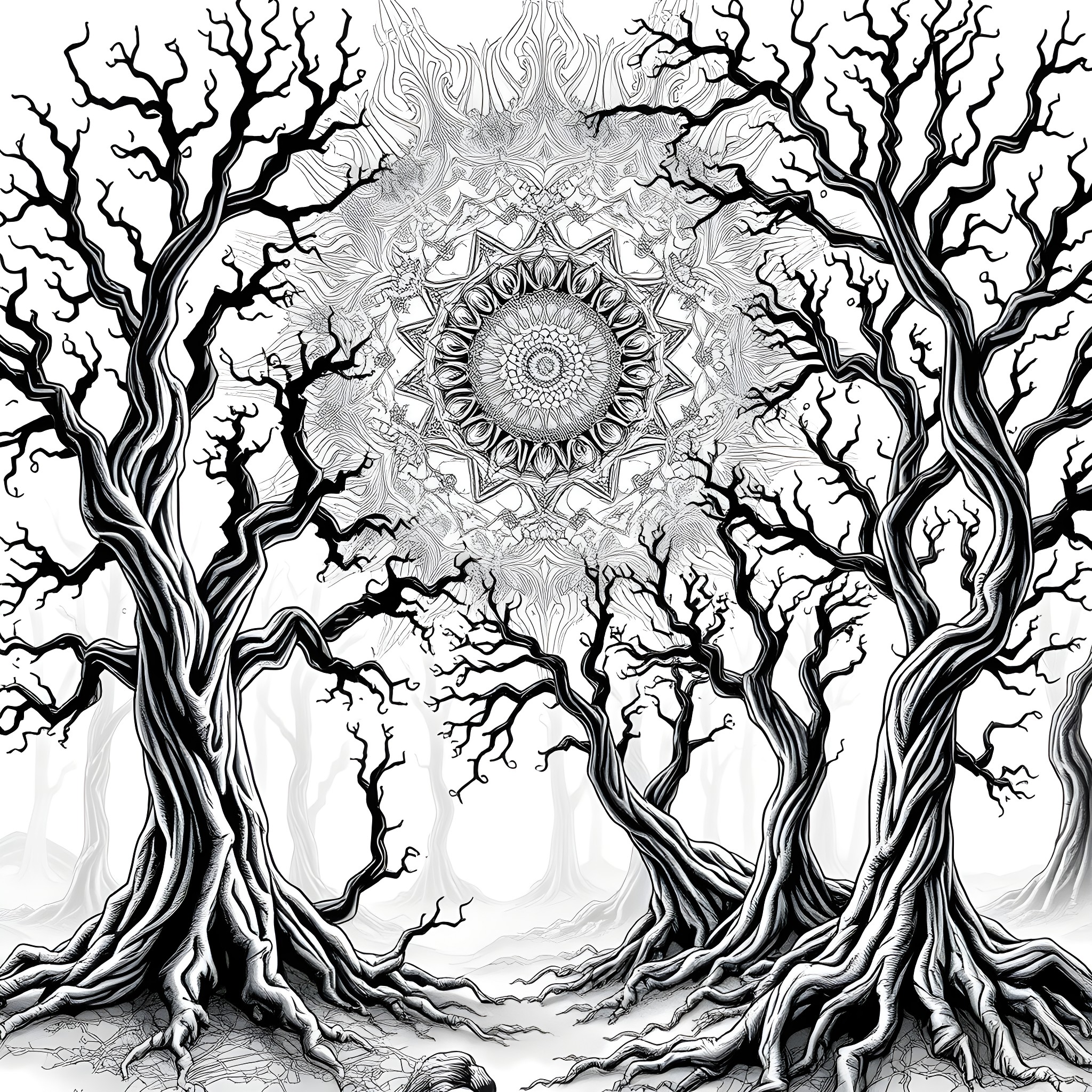 Sun shining through the twisted, gnarled trees Coloring Page (free black-and-white line drawing printable PDF for all, from beginners to advanced learners, including children, teens, adults, and seniors)