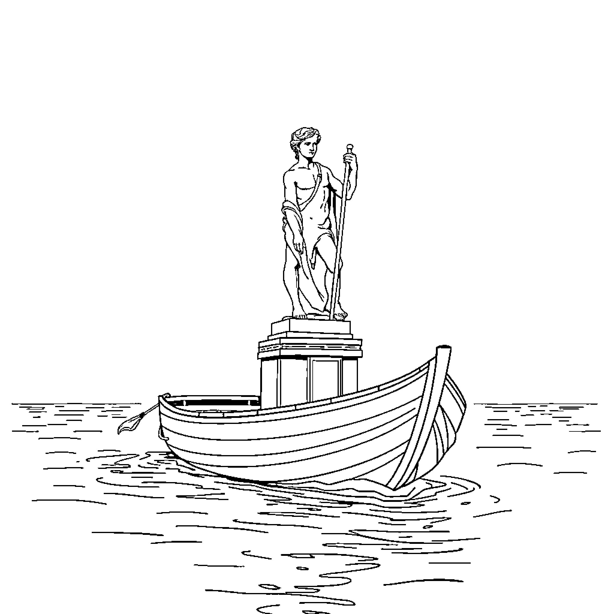Boat with statue on water Coloring Page (free black-and-white line drawing printable PDF for all, from beginners to advanced learners, including children, teens, adults, and seniors)