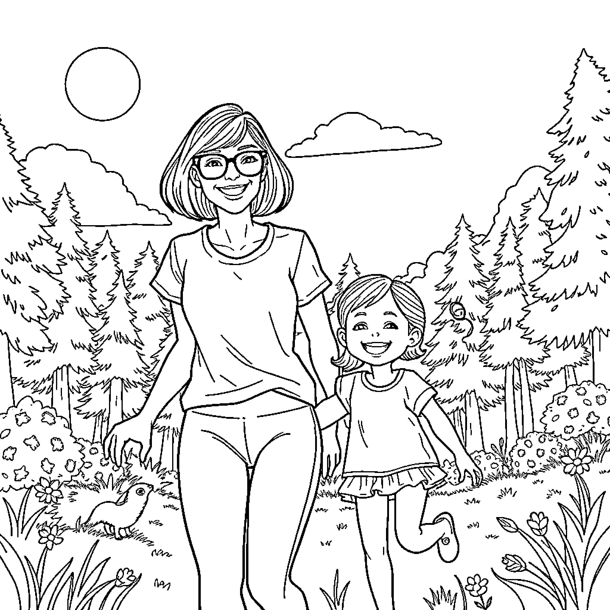Woman and girl exploring the forest landscape Coloring Page (free black-and-white line drawing printable PDF for all, from beginners to advanced learners, including children, teens, adults, and seniors)