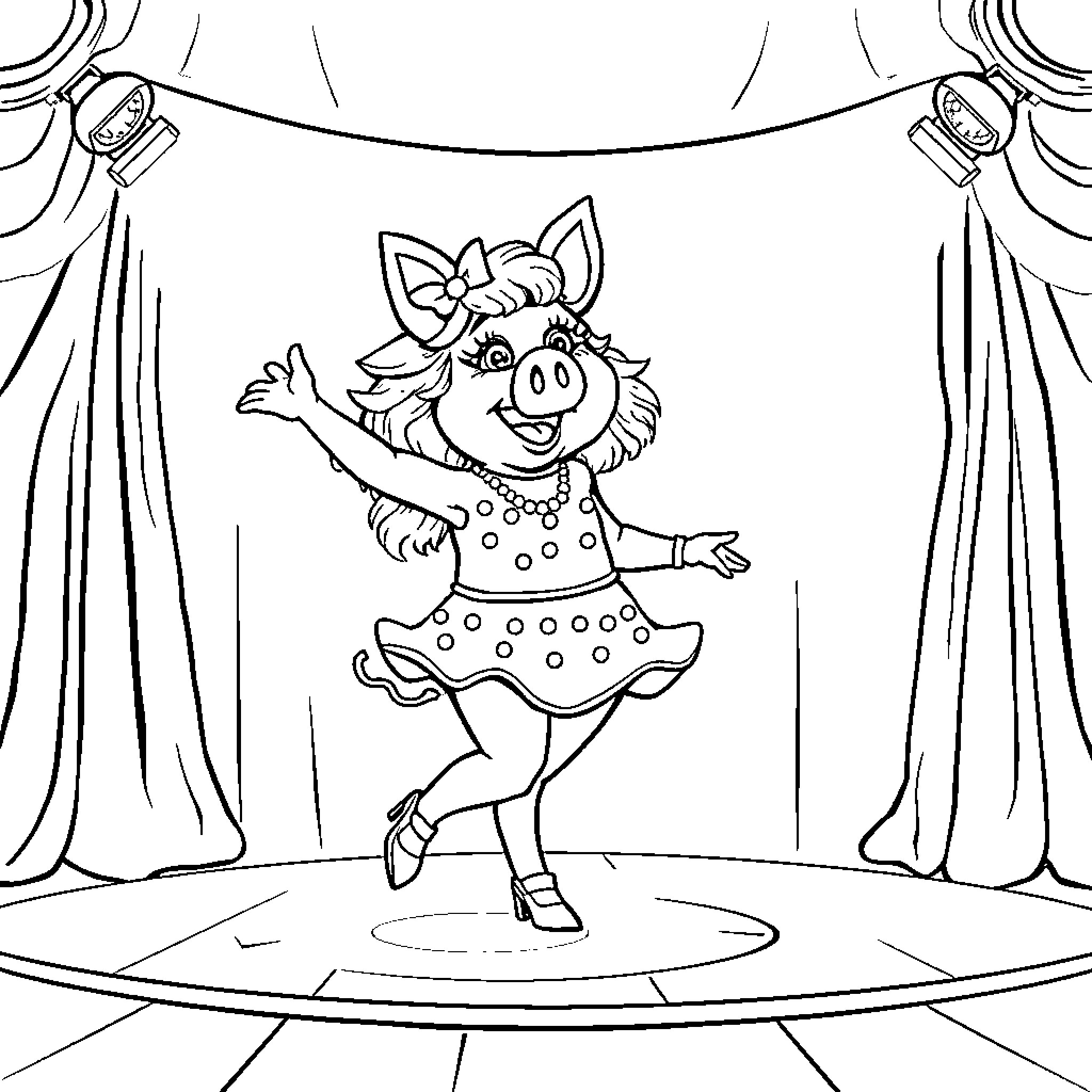 Miss Piggy performing on stage in a polka dot dress Coloring Page (free black-and-white line drawing printable PDF for all, from beginners to advanced learners, including children, teens, adults, and seniors)