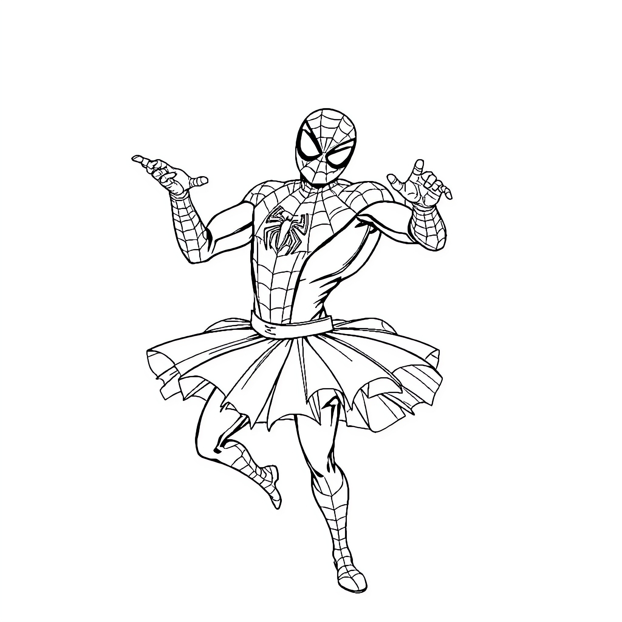 Spiderman performing ballet dance in costume Coloring Page (free black-and-white line drawing printable PDF for all, from beginners to advanced learners, including children, teens, adults, and seniors)
