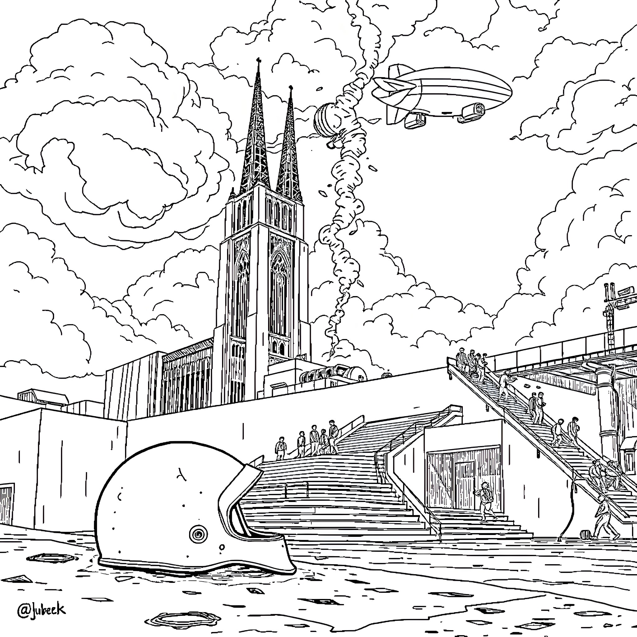 Tower Invasion in the City Skyline Coloring Page (free black-and-white line drawing printable PDF for all, from beginners to advanced learners, including children, teens, adults, and seniors)