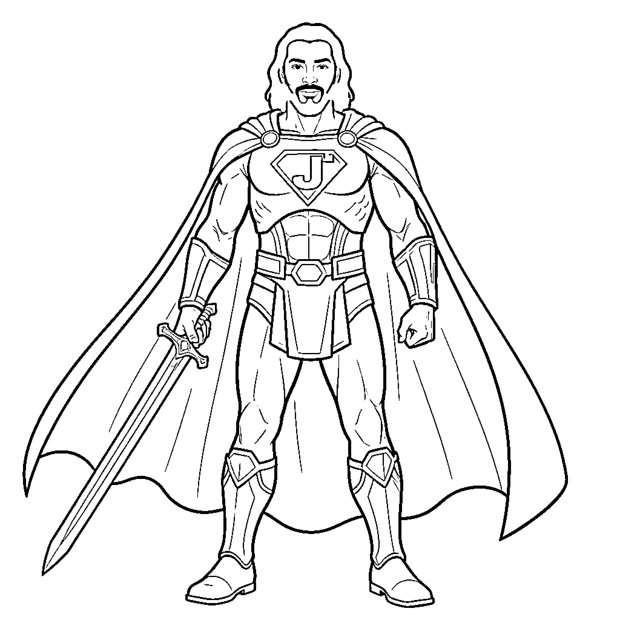 Jesus standing heroically wearing a cape and holding a sword Coloring Page (free black-and-white line drawing printable PDF for all, from beginners to advanced learners, including children, teens, adults, and seniors)