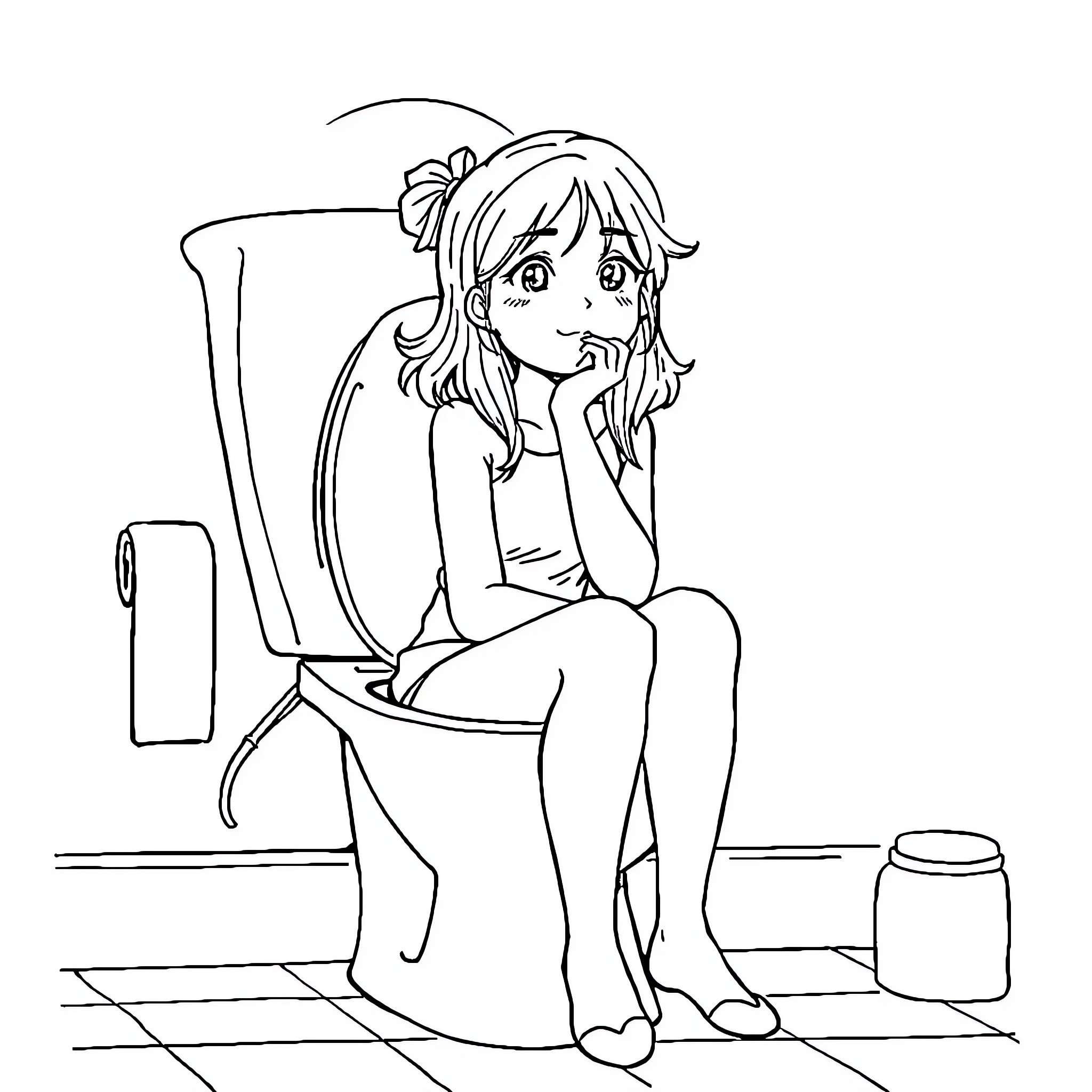 Aiko Willems contemplating in the bathroom Coloring Page (free black-and-white line drawing printable PDF for all, from beginners to advanced learners, including children, teens, adults, and seniors)