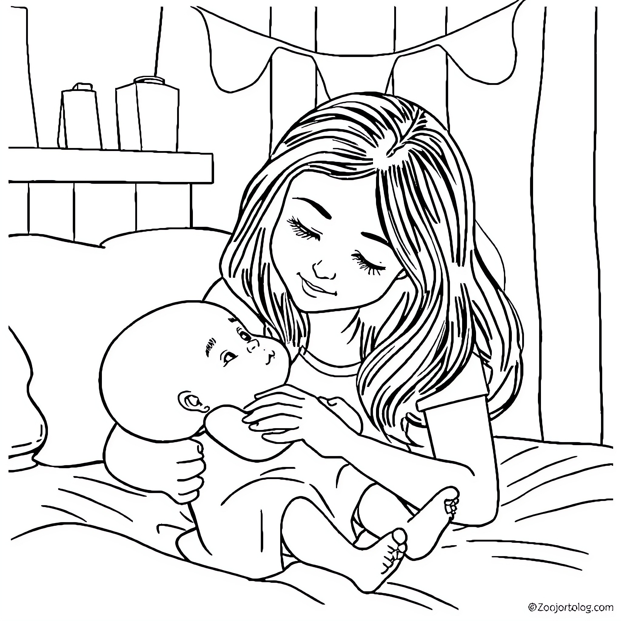 Melissa Caring for Her Baby Coloring Page (free black-and-white line drawing printable PDF for all, from beginners to advanced learners, including children, teens, adults, and seniors)