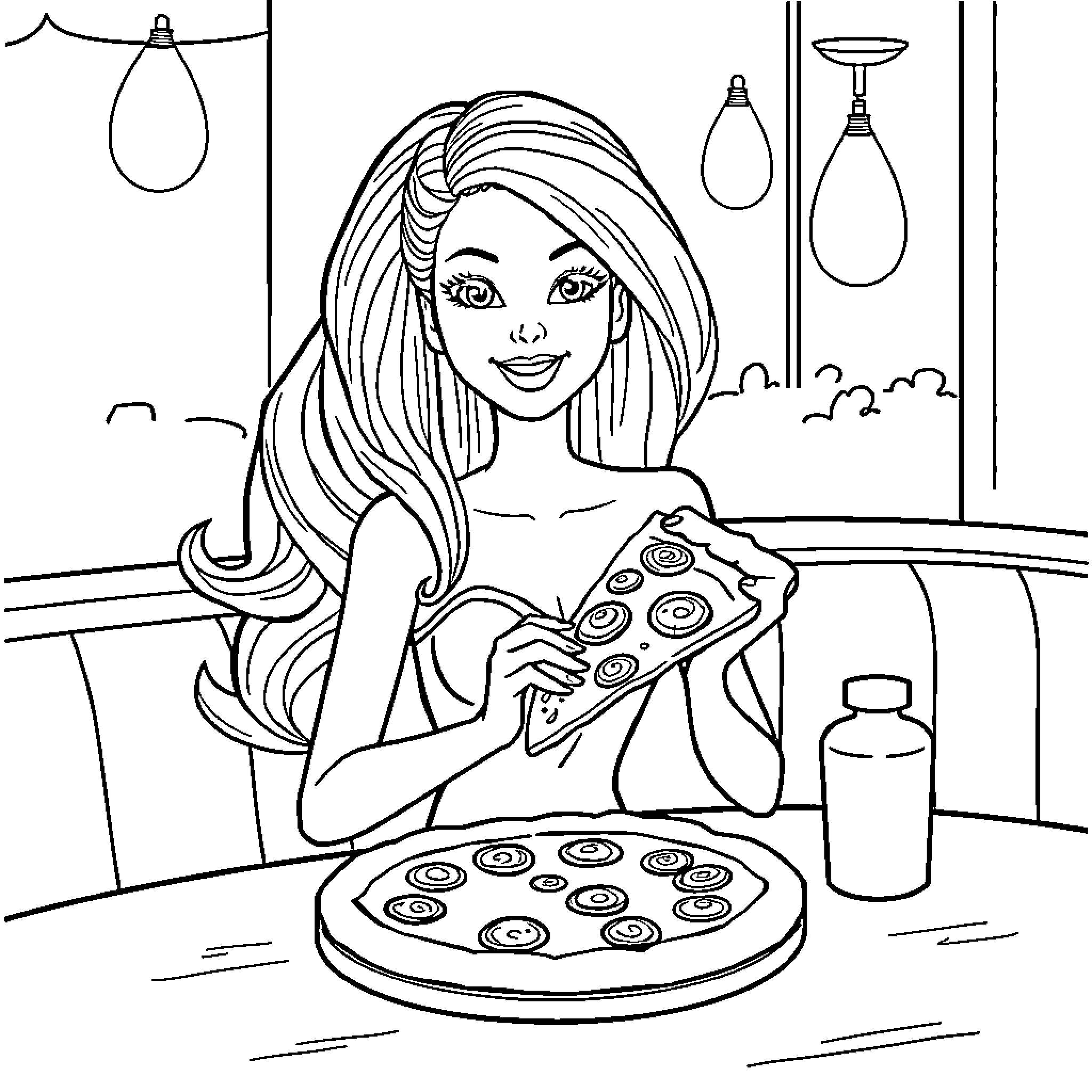 Barbie baking cookies in the kitchen Coloring Page (free black-and-white line drawing printable PDF for all, from beginners to advanced learners, including children, teens, adults, and seniors)