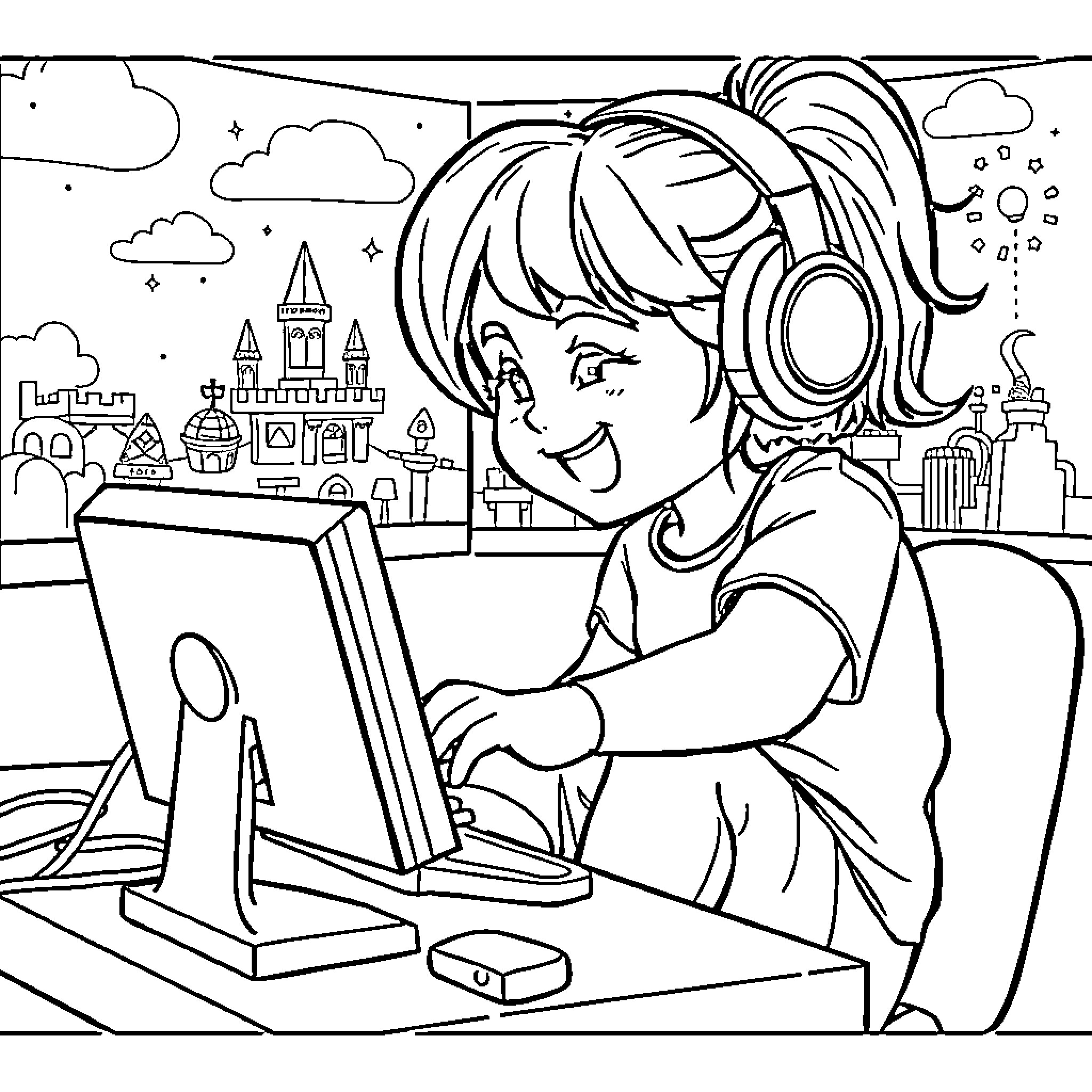 Roblox Girl Playing Computer Games in Magical City Coloring Page (free black-and-white line drawing printable PDF for all, from beginners to advanced learners, including children, teens, adults, and seniors)