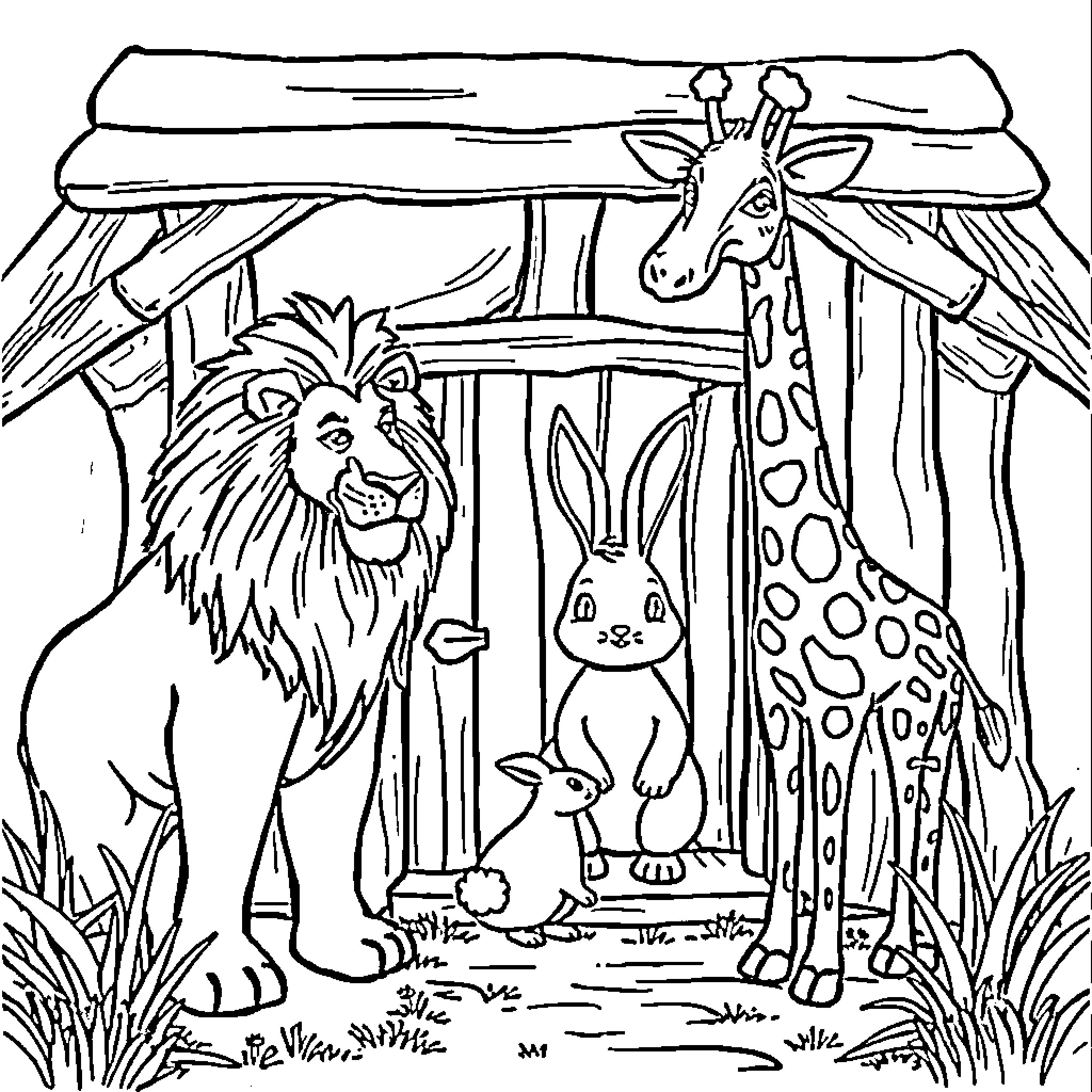 Lion, Rabbit, and Giraffe in the Jungle Coloring Page (free black-and-white line drawing printable PDF for all, from beginners to advanced learners, including children, teens, adults, and seniors)
