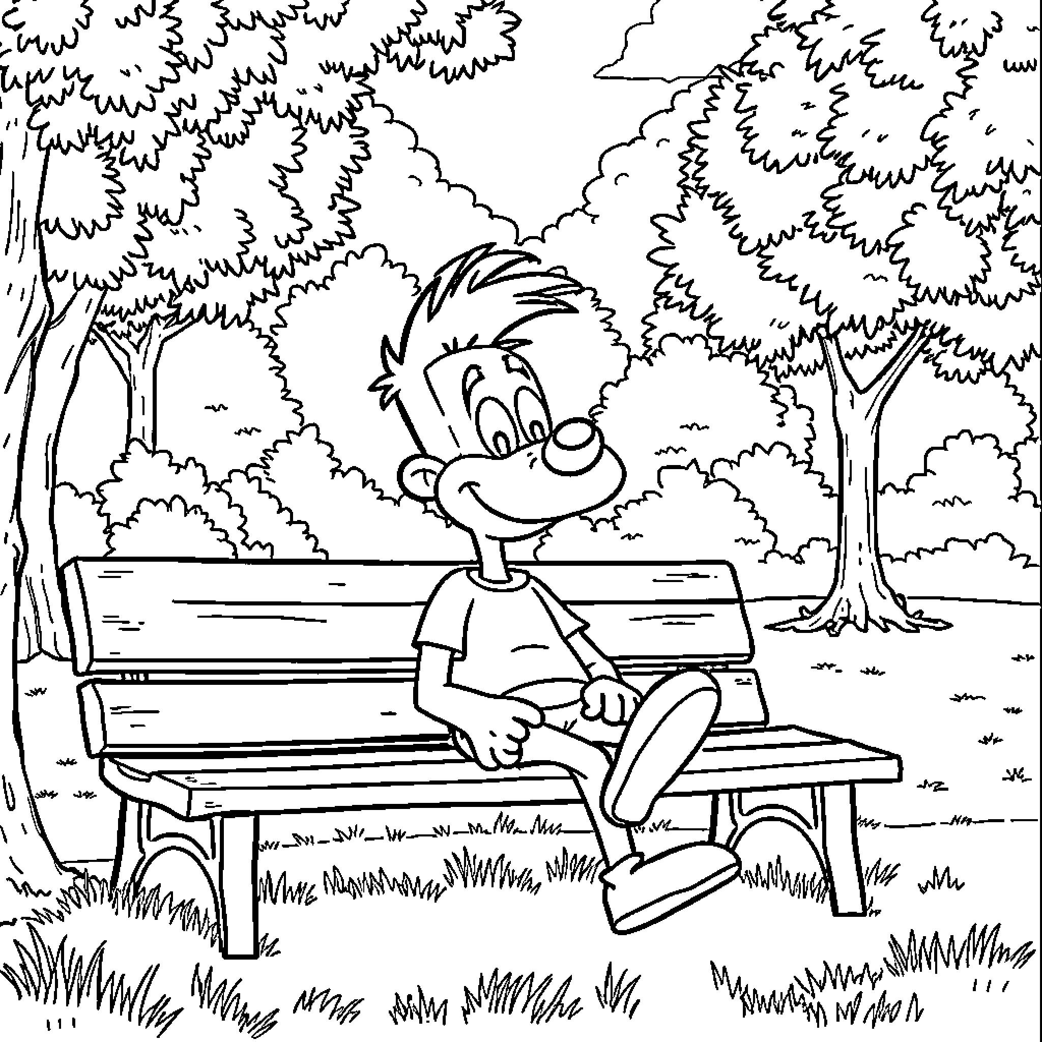 Huey relaxing on a park bench Coloring Page (free black-and-white line drawing printable PDF for all, from beginners to advanced learners, including children, teens, adults, and seniors)