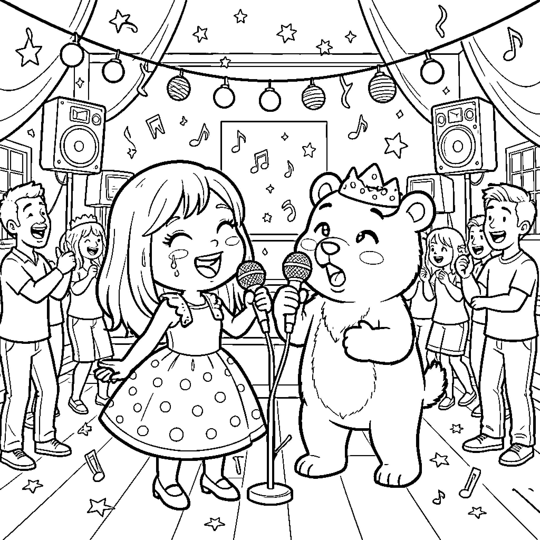 Masha and the bear singing happily on stage Coloring Page (free black-and-white line drawing printable PDF for all, from beginners to advanced learners, including children, teens, adults, and seniors)