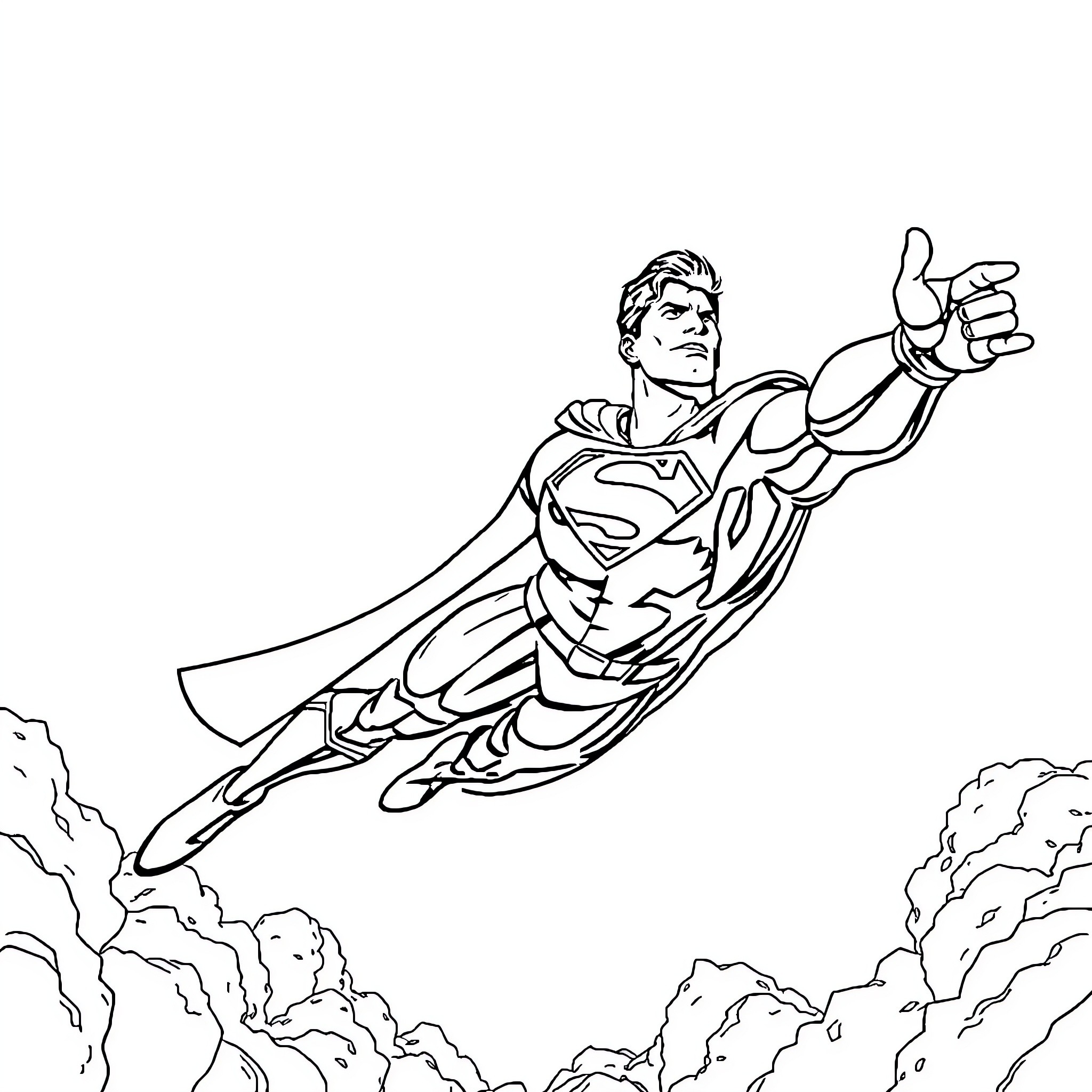 Superman flying heroically through the sky Coloring Page (free black-and-white line drawing printable PDF for all, from beginners to advanced learners, including children, teens, adults, and seniors)