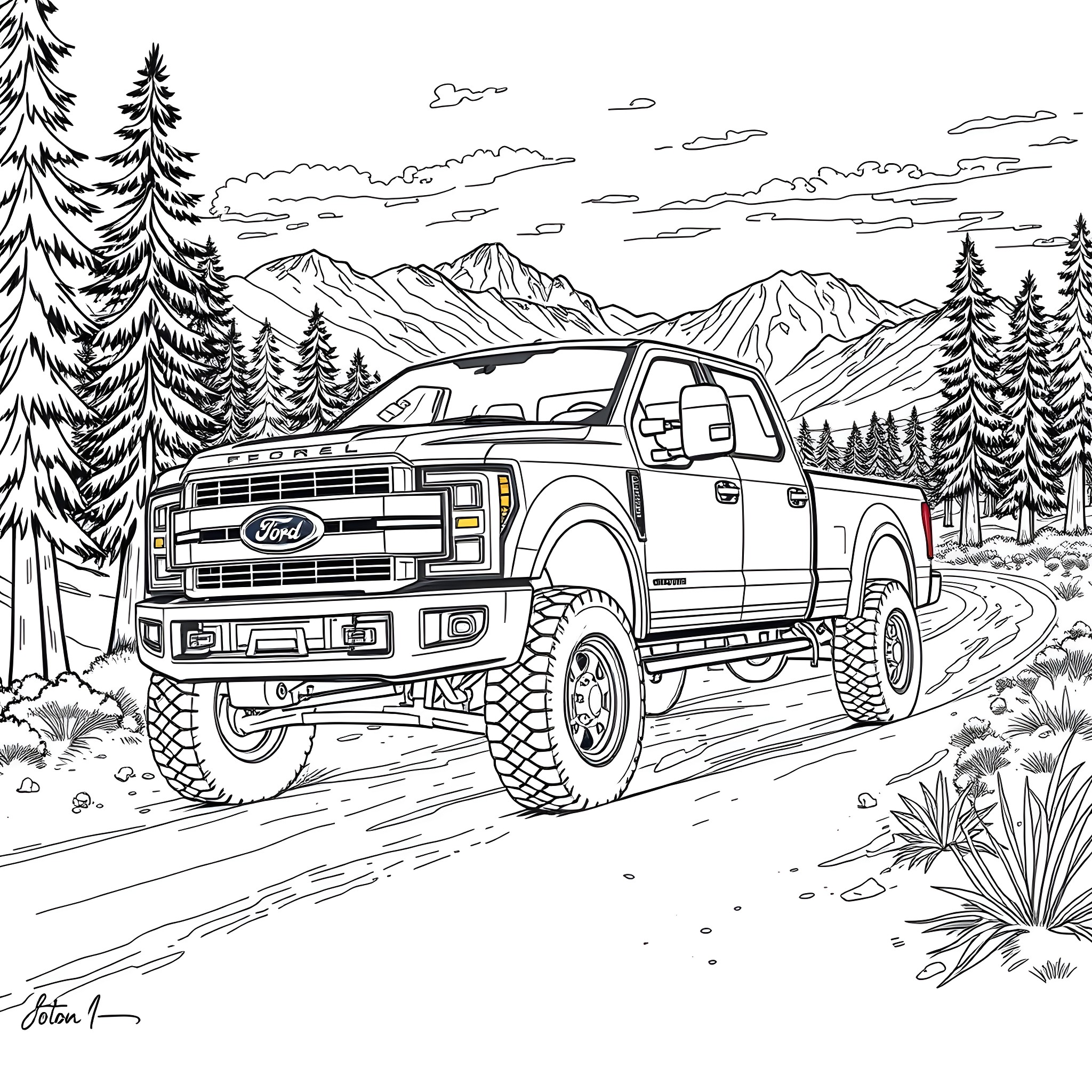 Ford off-road truck in the rugged mountain landscape Coloring Page (free black-and-white line drawing printable PDF for all, from beginners to advanced learners, including children, teens, adults, and seniors)