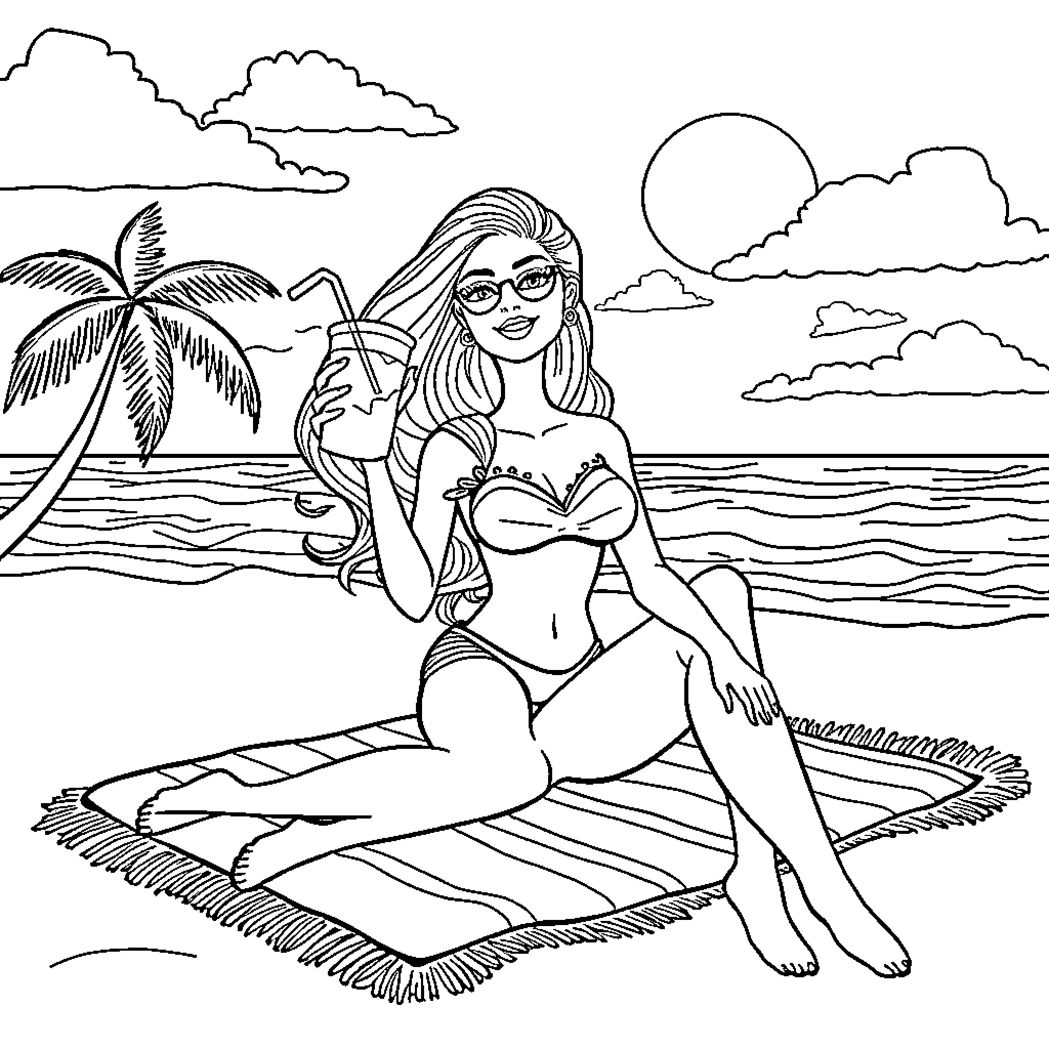 Barbie relaxing on the beach Coloring Page (free black-and-white line drawing printable PDF for all, from beginners to advanced learners, including children, teens, adults, and seniors)