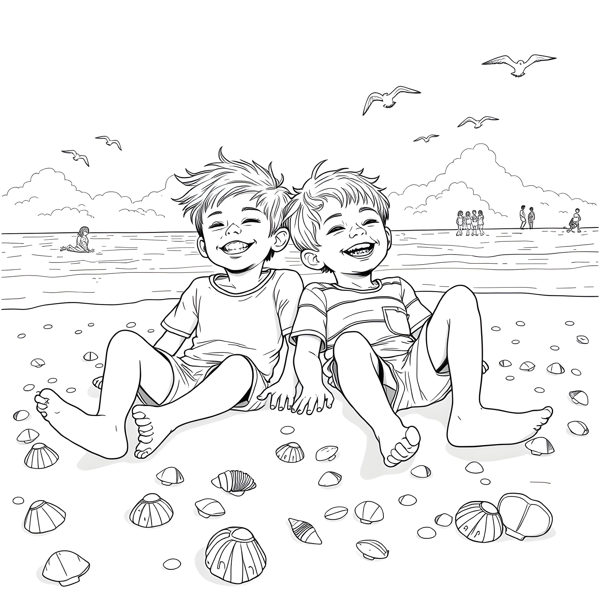 Boy and girl playing happily on the beach Coloring Page (free black-and-white line drawing printable PDF for all, from beginners to advanced learners, including children, teens, adults, and seniors)