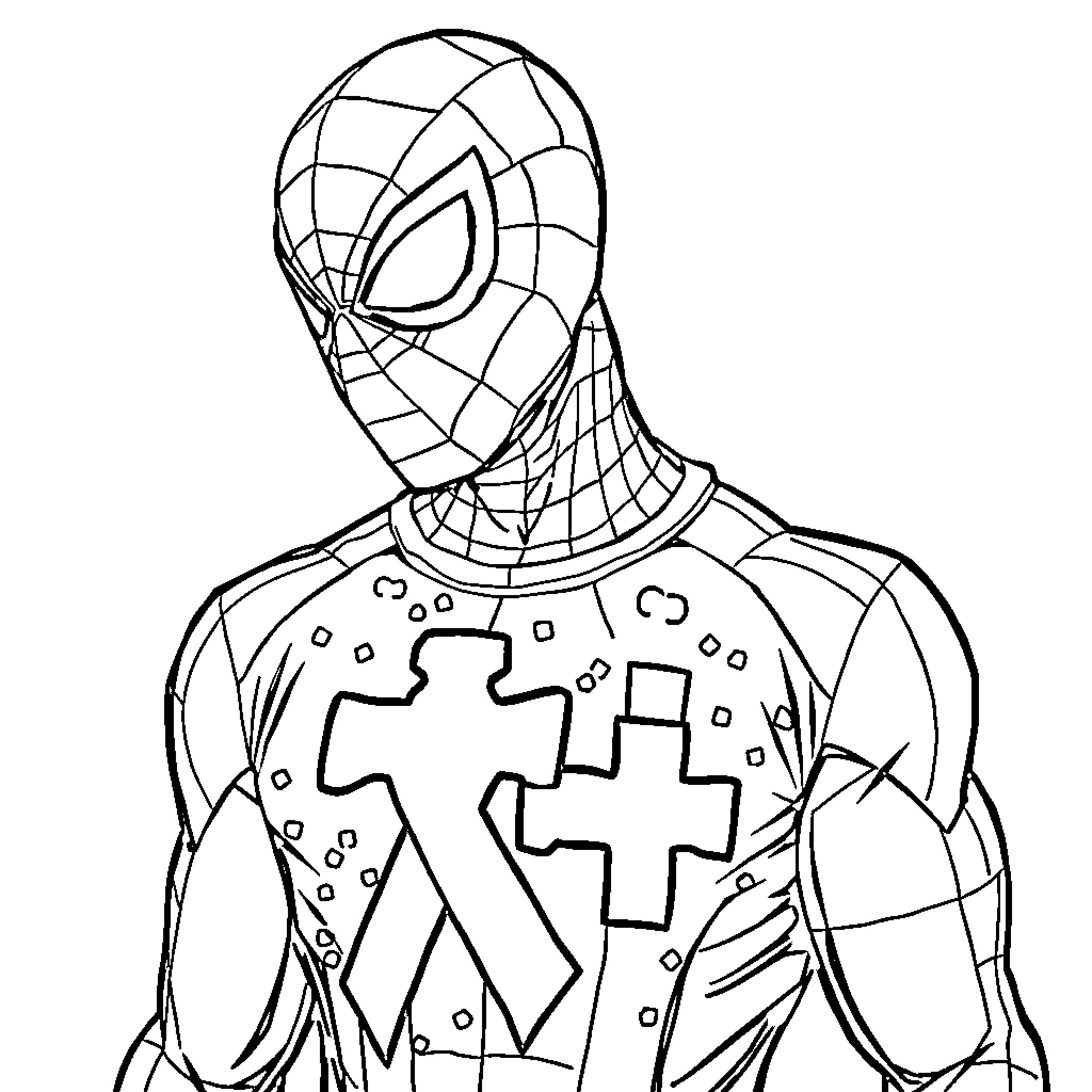 Spider-Man in heroic pose with costume details Coloring Page (free black-and-white line drawing printable PDF for all, from beginners to advanced learners, including children, teens, adults, and seniors)