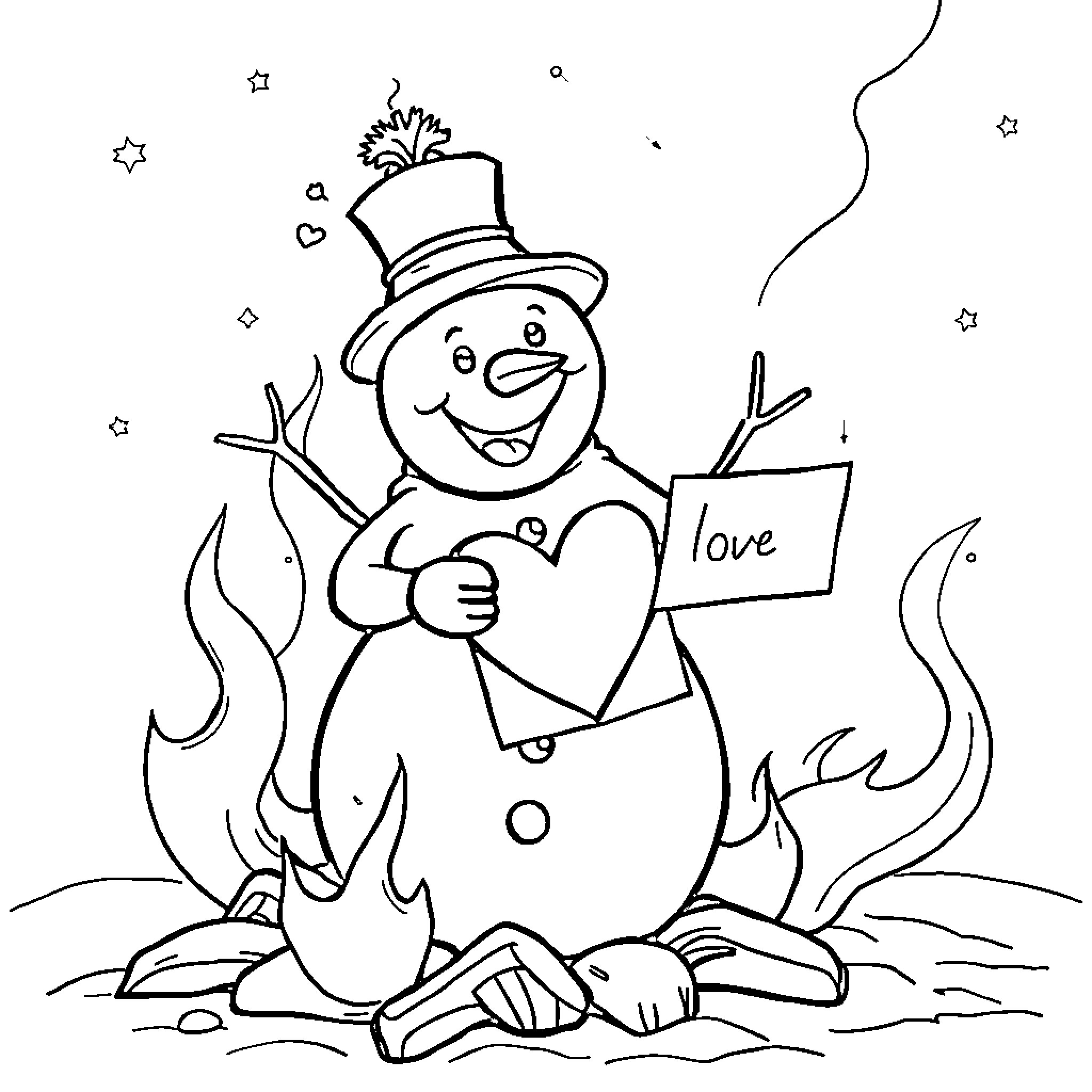 Bonhomme de Neige holding a heart-shaped sign Coloring Page (free black-and-white line drawing printable PDF for all, from beginners to advanced learners, including children, teens, adults, and seniors)
