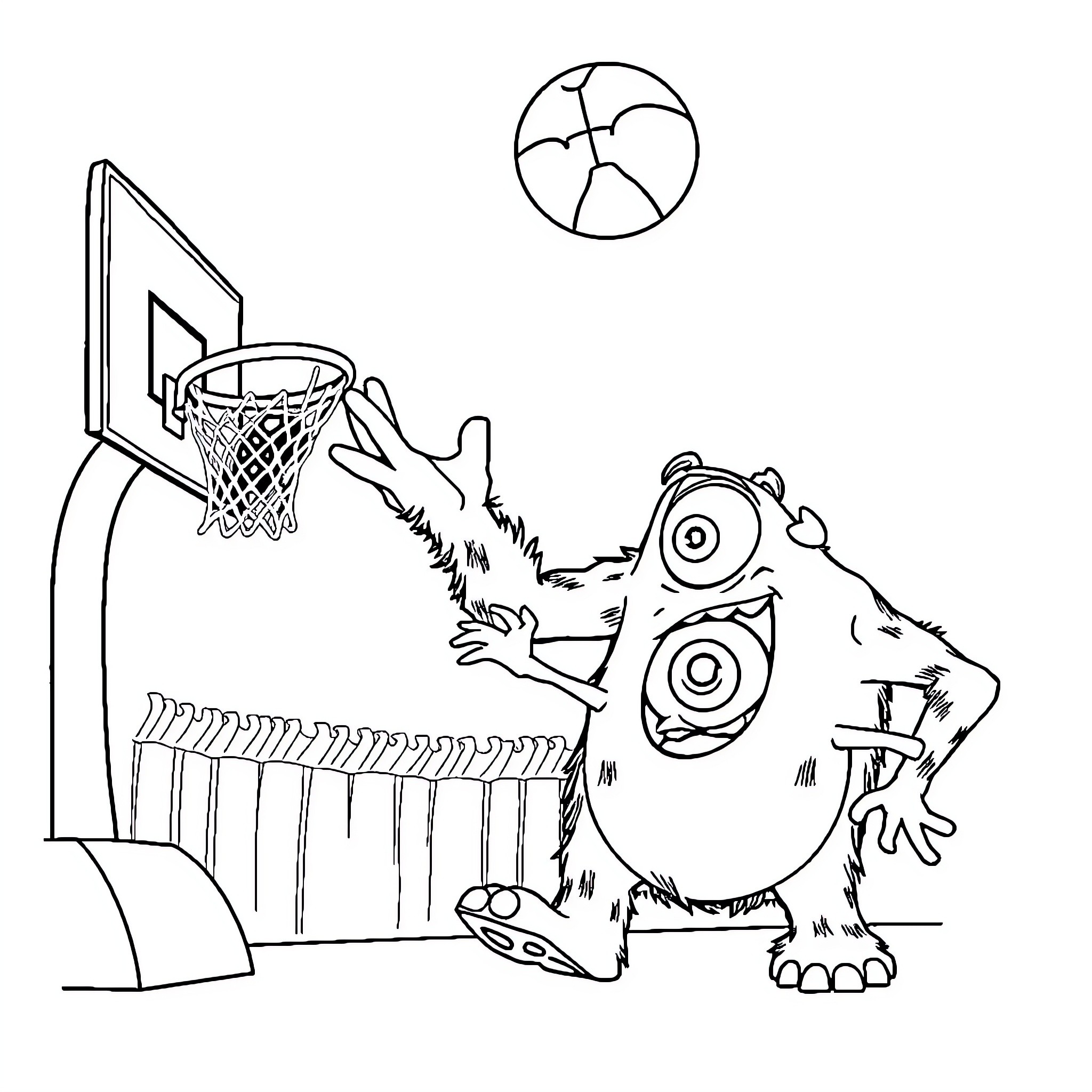 Sully playing basketball at the court Coloring Page (free black-and-white line drawing printable PDF for all, from beginners to advanced learners, including children, teens, adults, and seniors)